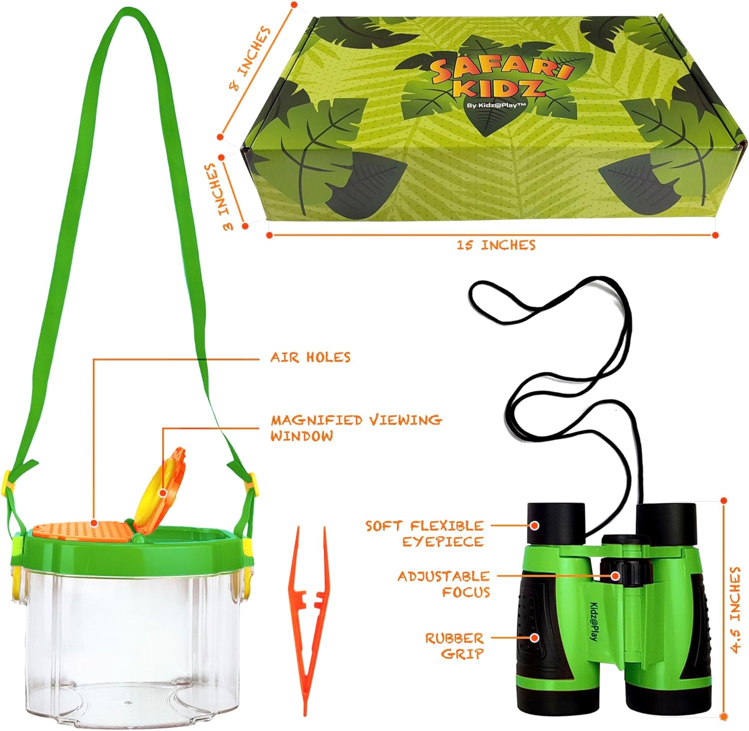 Kidz@Play Bug Hunting Kit, Green Safari Vest, Hat, Binoculars, Lg. Butterfly Net, Bug Container, Whistle, Flashlight, Magnifier, Thermostat, Compass, Age 3+