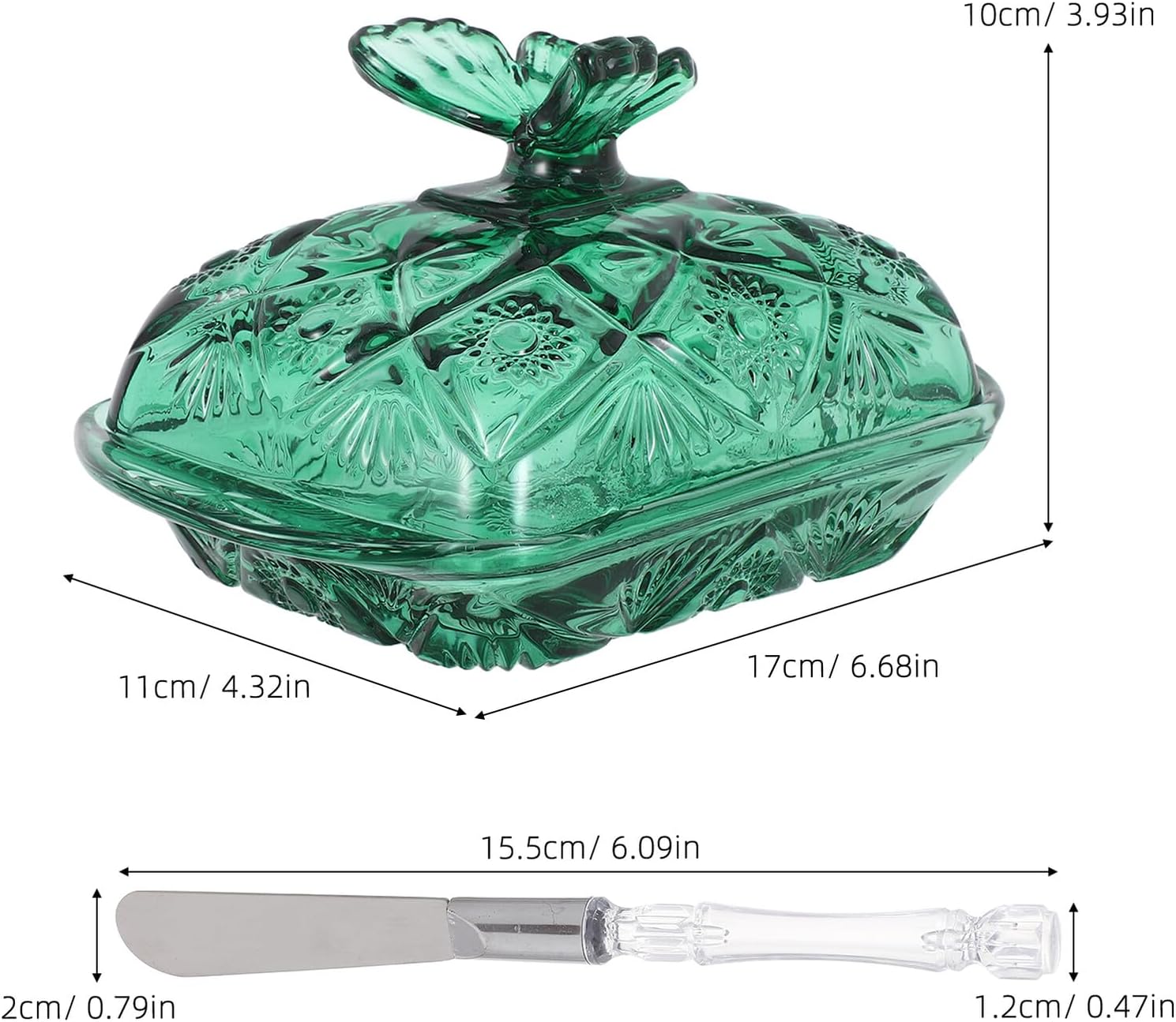 Glass Butter Dish with Lid and Knife, Vintage Green Ribbon Decorative Butter Plate, Airtight Storage for Countertop and Refrigerator Use, 1pcs Set