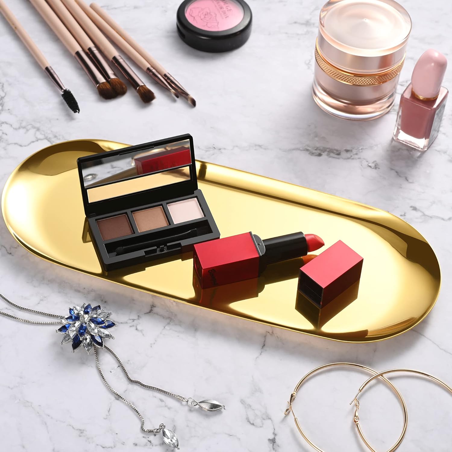 Gold Oval Vanity Tray, Stainless Steel Jewelry Tray, Bathroom Tray, Makeup Cosmetic Trays,Towel Napkin Tray, Storage Organizer,11.8 x 4.8 inches (LxW), Large - Image 5