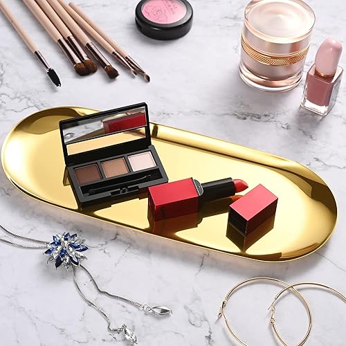 Miniatura 5 de Paquete de 2 bandejas de tocador ovaladas doradas, bandeja de joyería de acero inoxidable, bandeja de baño, bandejas para cosméticos de maquillaje,