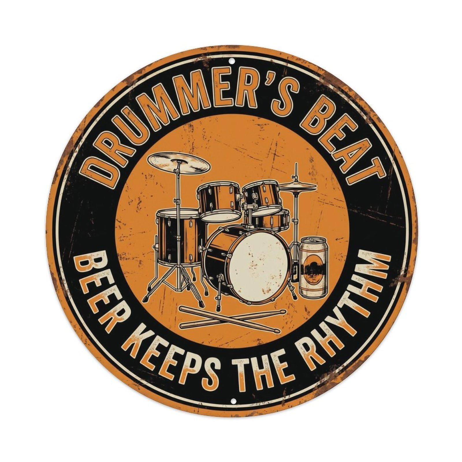 Retro Bar Style Drummer Beating Garage Beer Vintage Metal Tin Sign Plaque Wall Decor for Cafe, Club, Garden Round Metal Poster 8x8Inch