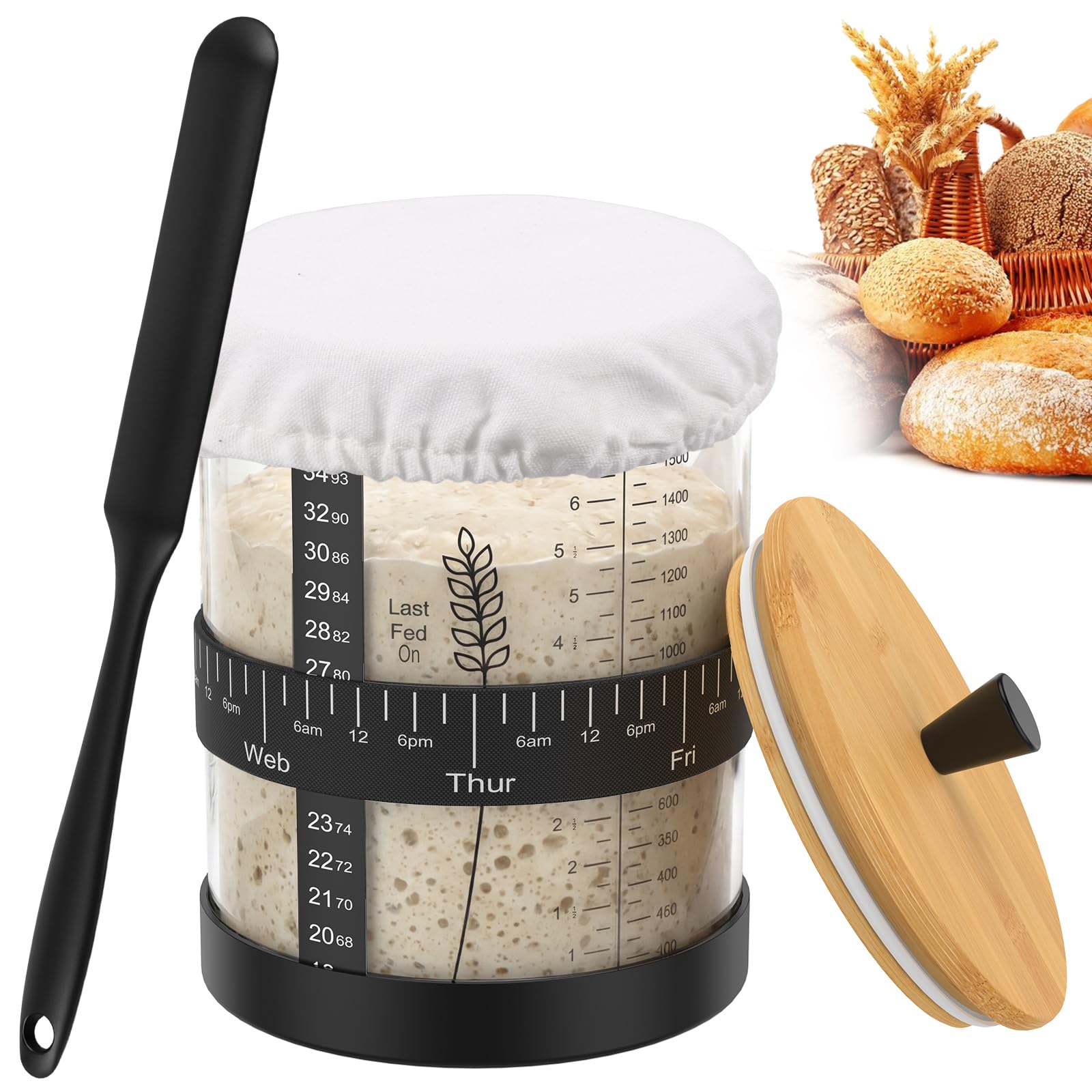1500ml Sourdough Starter Jar Set 51 oz Wide Mouth Glass Jar with Thermometer Sticker, Date Tracker, Cloth Cover, Bamboo Lid, Silicone Mat, Fermentation Jars for Bread Baking and Kitchen Storage(Lid2)