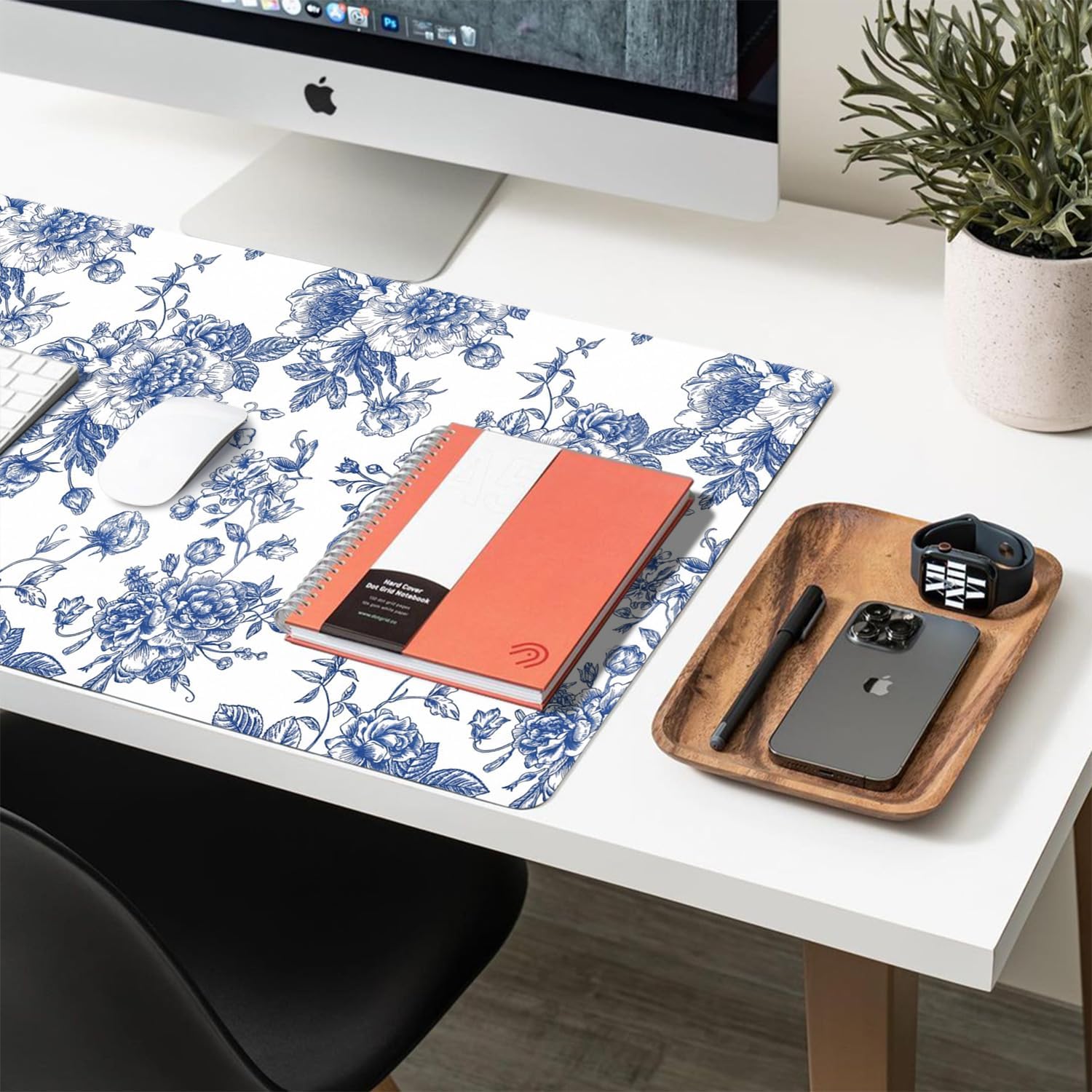 Large Mouse Pad, Chinoiserie Blue Floral Desk Mat for Desktop, Women Girls Flowers PU Leather Waterproof Desk Pad, Computer PC Laptop Protector Gaming Mouse Pads for School Office Home (31.5" x 15.7")