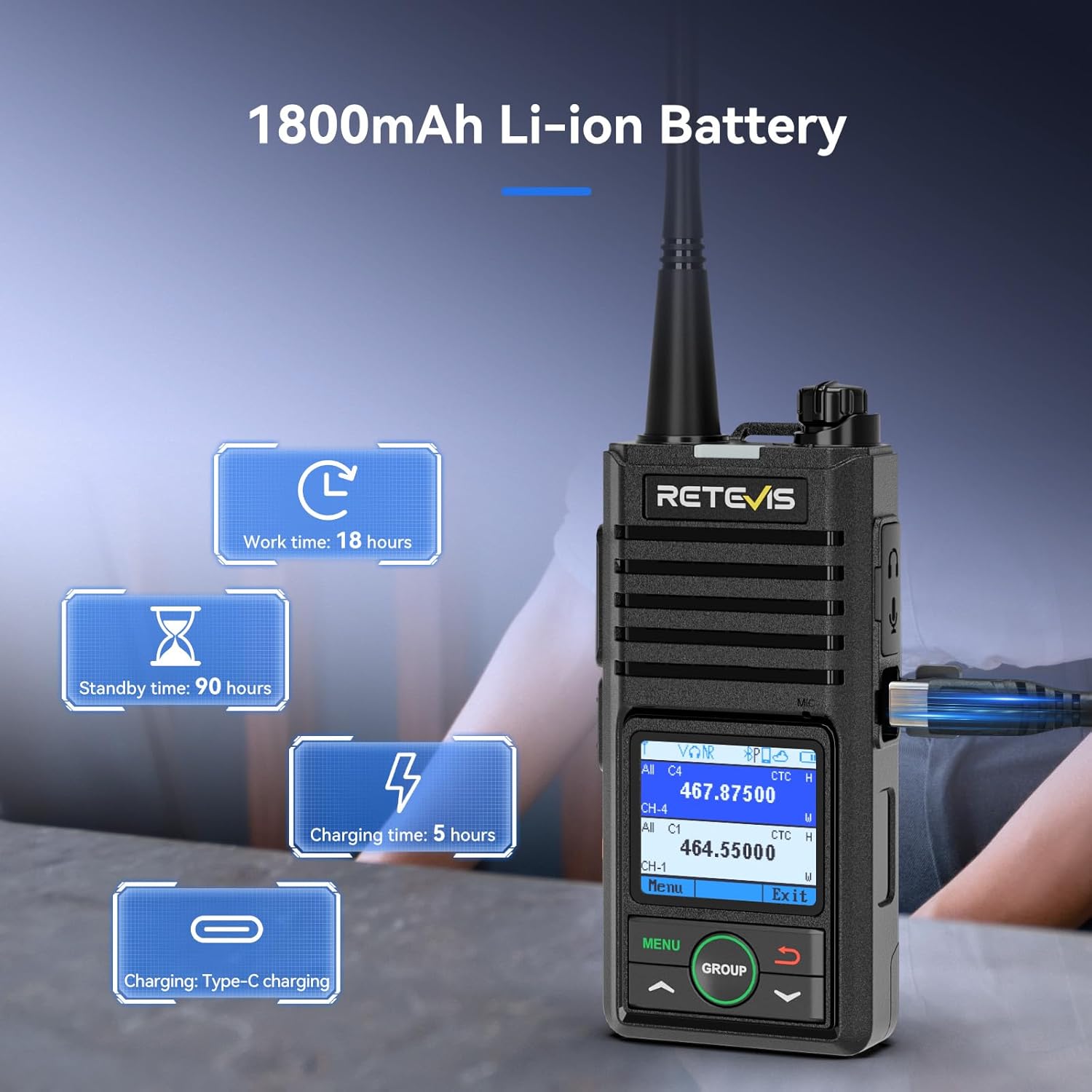 Retevis RB58 Bluetooth Walkie Talkie with Wireless Earpiece, Business Waterproof Two Way Radio, Noise Cancelling, APP Control, Group Call, 256CH, VOX, for Restaurant Retail Hotel(4 Pack)