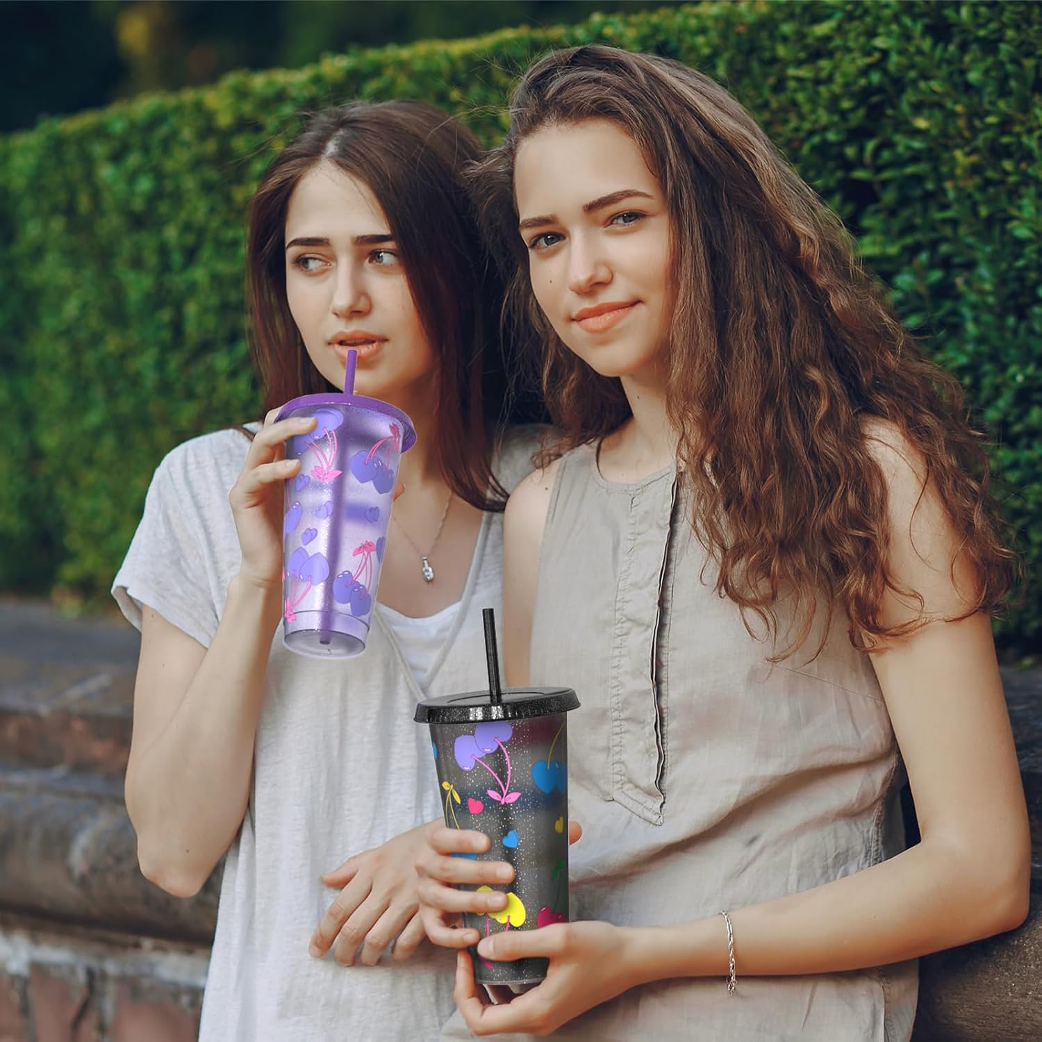 Color Changing Cups, Plastic Tumblers with Lids and Straws, Reusable Plastic Cups - BPA-Free, Sturdy & Food Safe, Perfect for Iced Coffee, Milkshakes & Smoothies, 5 Pack - Glitter Cherry - Image 6