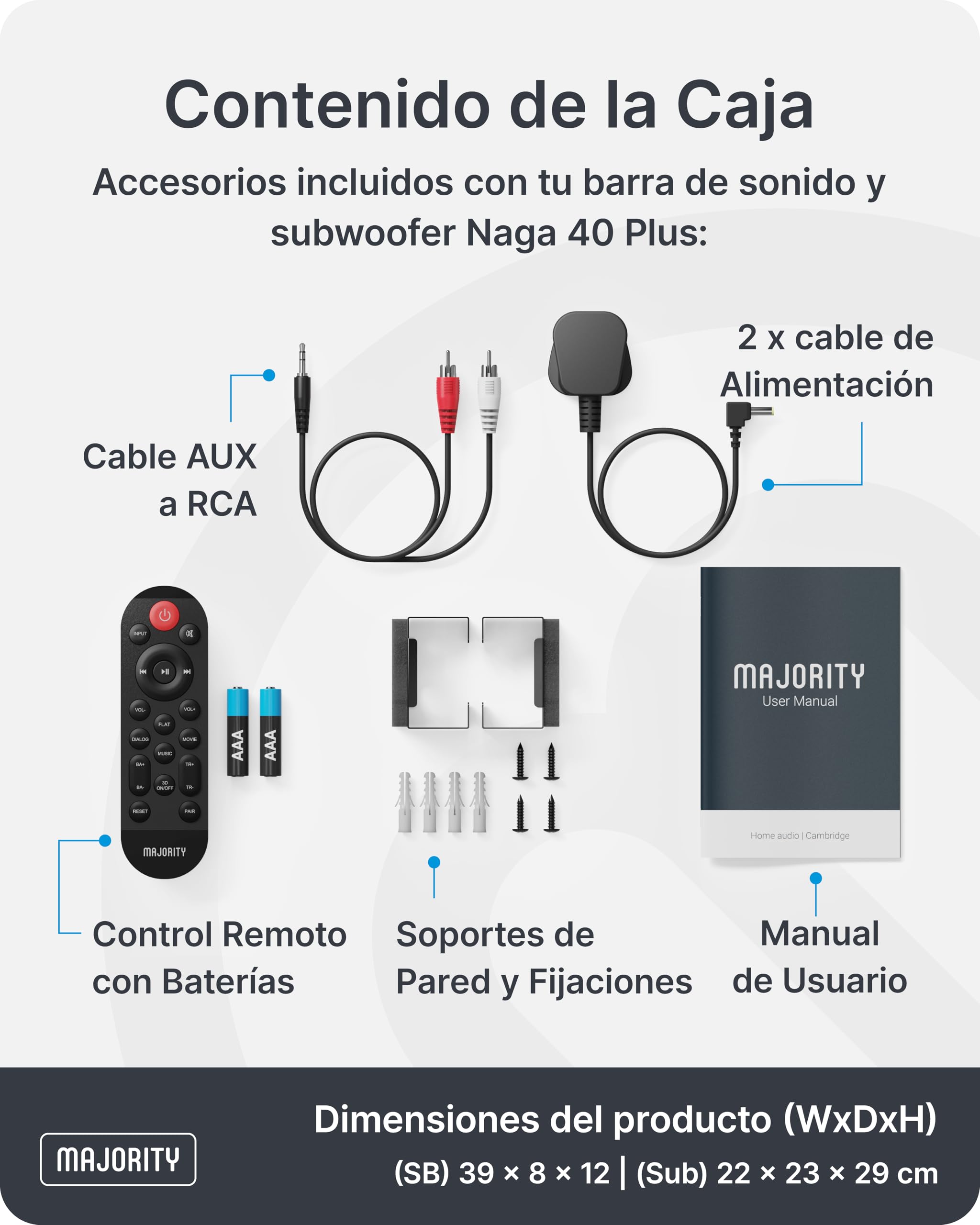 MAJORITY Naga 40 Plus Barra de Sonido TV 200W con Subwoofer Inalámbrico | HDMI ARC, Óptico, AUX, USB | Bluetooth 5.0 | Montaje en Pared | Mando a Distancia y Soportes Incluidos