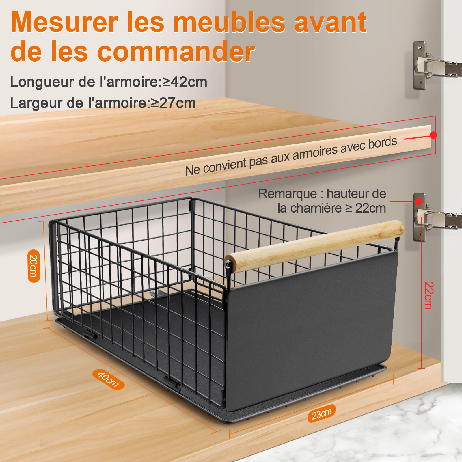 Lot de 2 tiroirs extensibles de cuisine, en acier au carbone de qualité supérieure, tiroir télescopique ultra silencieux, 40 cm x 23 cm x 20 cm, convient pour la cuisine, la salle de bain, le