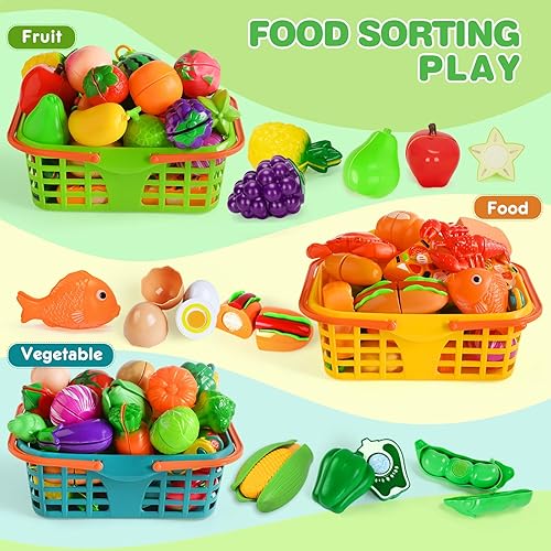 Miniatura 5 de Juego de comida para niños de cocina, 100 piezas de juguete de cocina para niños pequeños, cortar alimentos falsos, frutas y verduras accesorios con
