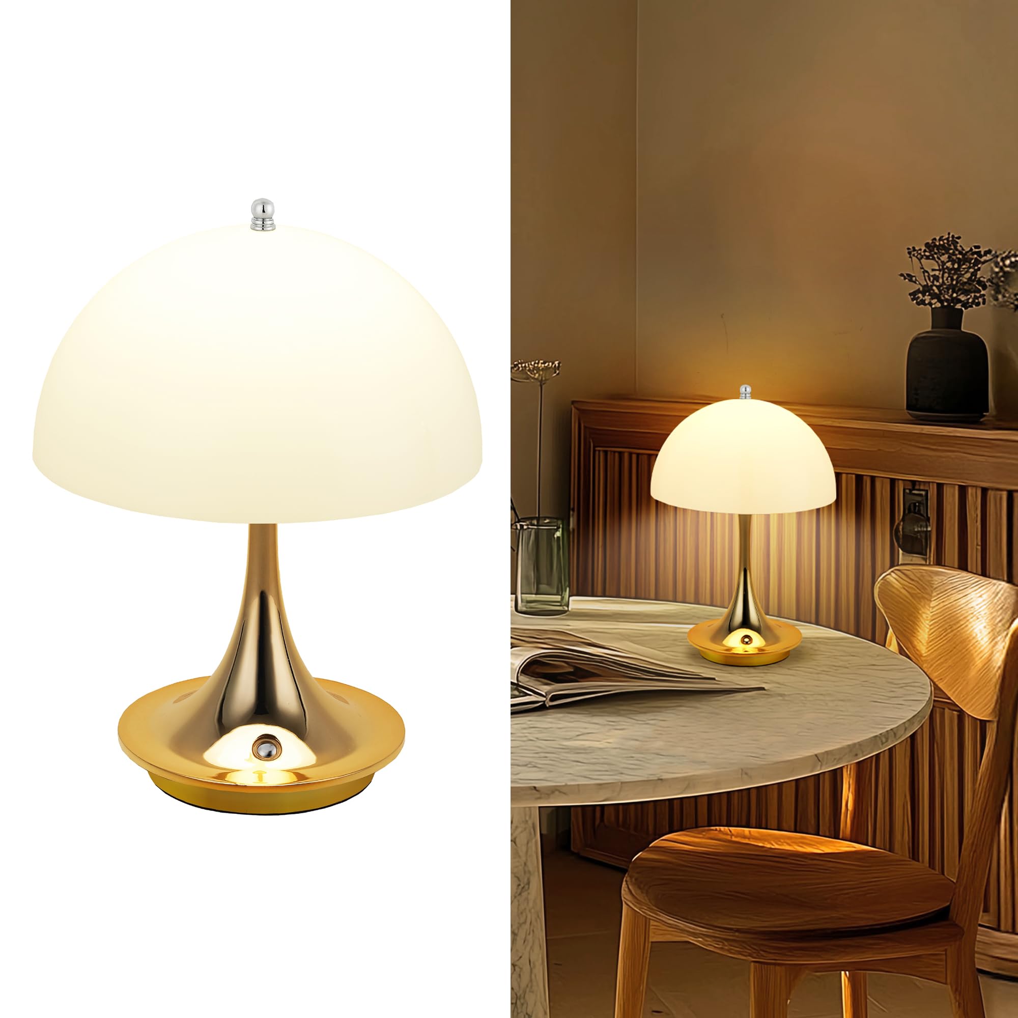 LuminexDesigns Lámpara de mesa LED inalámbrica, lámpara de mesita de noche, táctil, regulable, con batería, USB, recargable, moderna, dorada, diseño portátil, función de memoria para salón, dormitorio