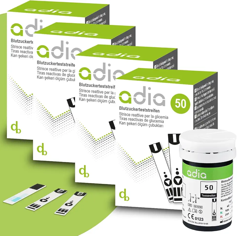 adia Blutzuckerteststreifen, 200 Stück, Vorteilspackung zur Blutzucker-Kontrolle bei Diabetes (Zucker-Krankheit), für das adia-Blutzuckermessgerät (hier nicht enthalten)