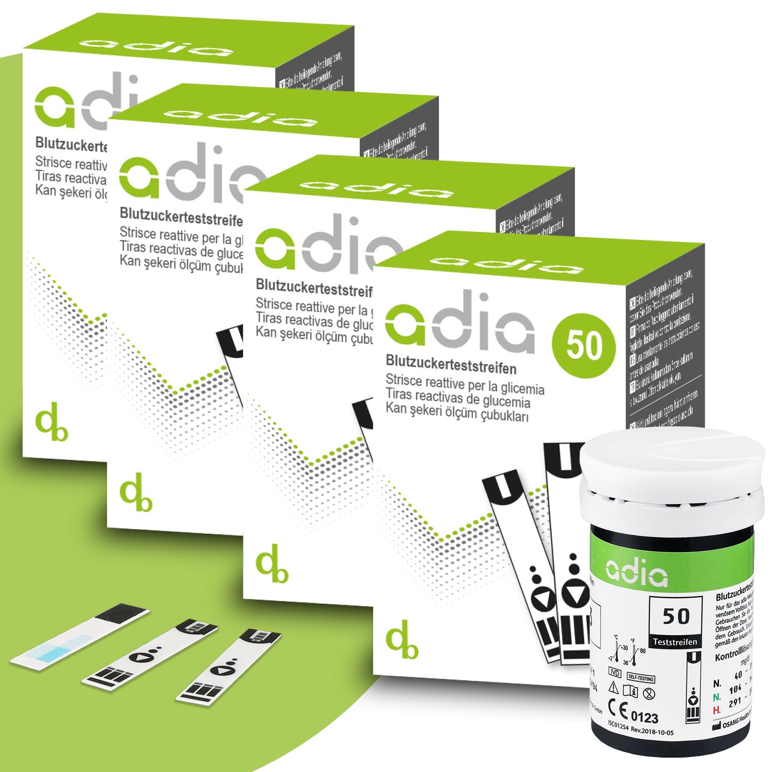 Tiras reactivas de glucosa en sangre adia, 200 piezas, paquete de precio reducido para el control de la glucosa en sangre en la diabetes. (El glucómetro no está incluido)