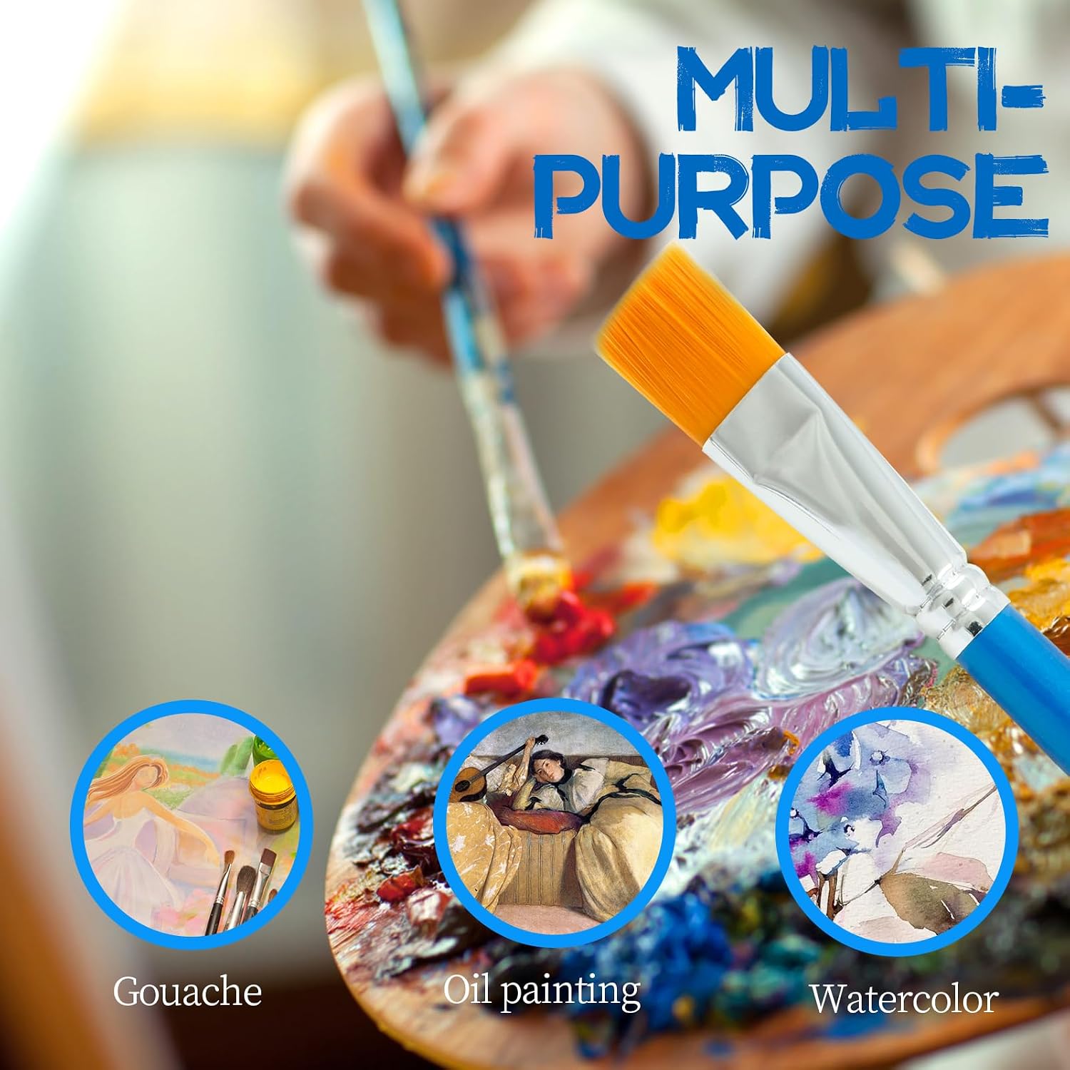 Hitefu 12PCS Flat Paint Brushes, 3/4 Inch Small Acrylic Paint Brush Craft Artist Paint Brushes, Flat Watercolor Brush Bulk for Student & Adult Painting(Pearly Blue)