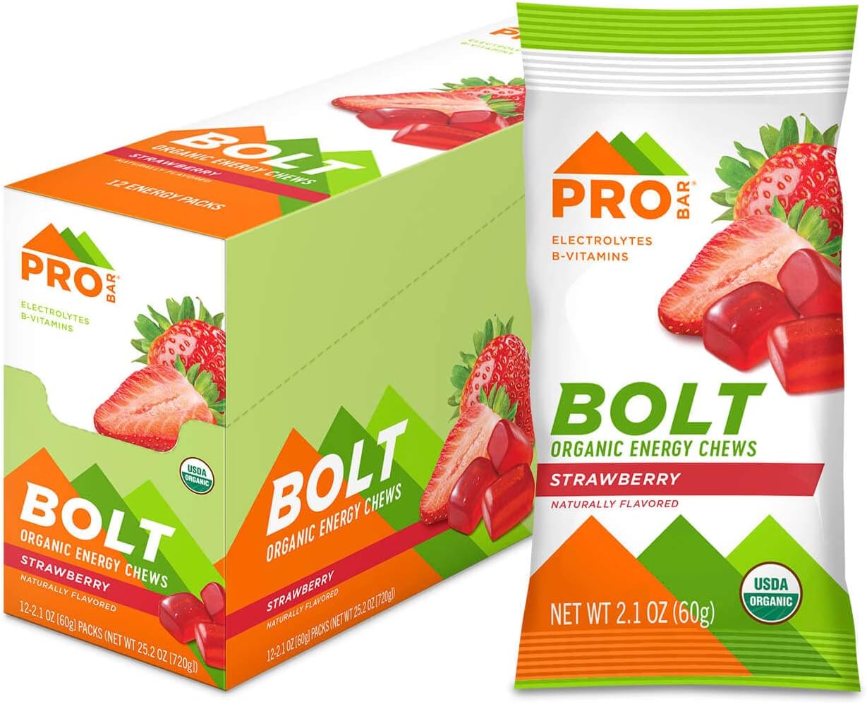 Bolt Organic Energy Chews, Strawberry, Non-GMO, Gluten-Free, USDA Certified Organic, Healthy, Natural Energy, Fast Fuel Gummies with Vitamins B & C (12 Count)
