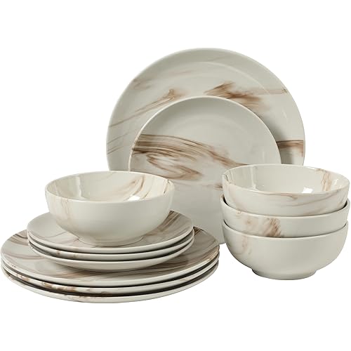 Gibson Home Cloudlight 12 Piece Plates and Bowls Dishes Brown and White - Decorated Porcelain Ceramic Dinnerware Set - Service for 4