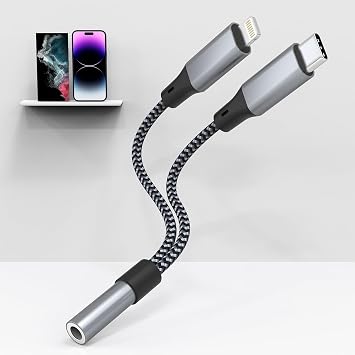 USB C and Lightning to 3.5mm Headphone Adapter for iPhone - 2 in 1 iPhone Aux Adapter and USB C Headphone Adapter Audio Jack Dongle for iPhone 16 15 14 13 12 Pro Max Galaxy iPad MacBook [Apple MFi]