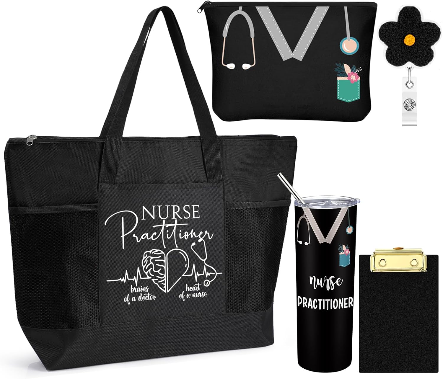 Sieral 5 Pcs Nurse Gifts Bulk for Women NP Gifts Tumbler Tote Makeup Bag Badge Clipboard for Coworker Nurse Practitioners