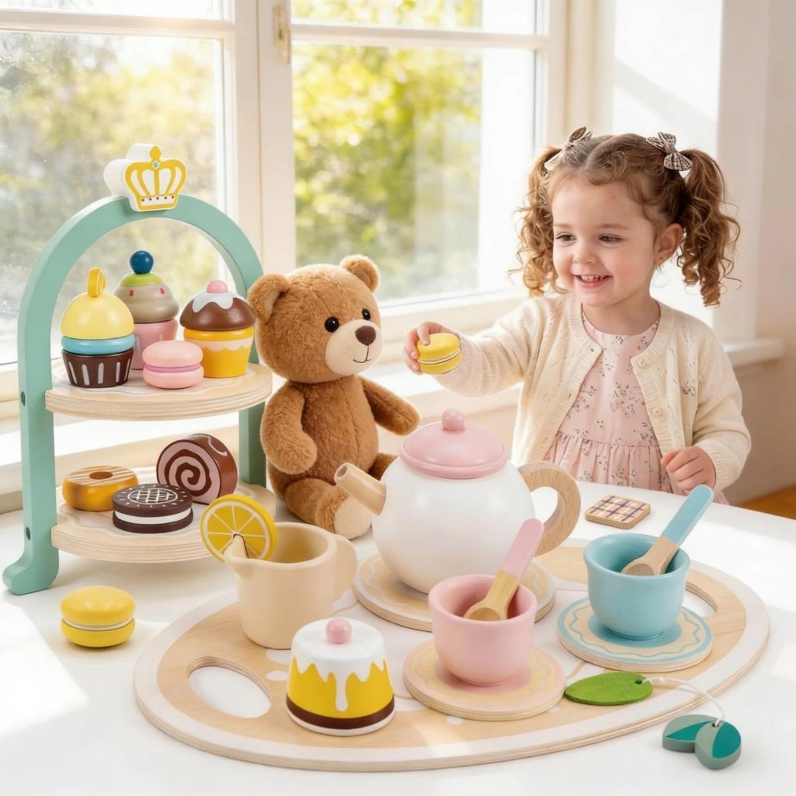 Juego de postres de madera para niños, juguete de cocina con utensilios, regalo de aprendizaje para niños y niñas, juego de cocina de cumpleaños, fiesta de té de madera, juego de cocina para niños de