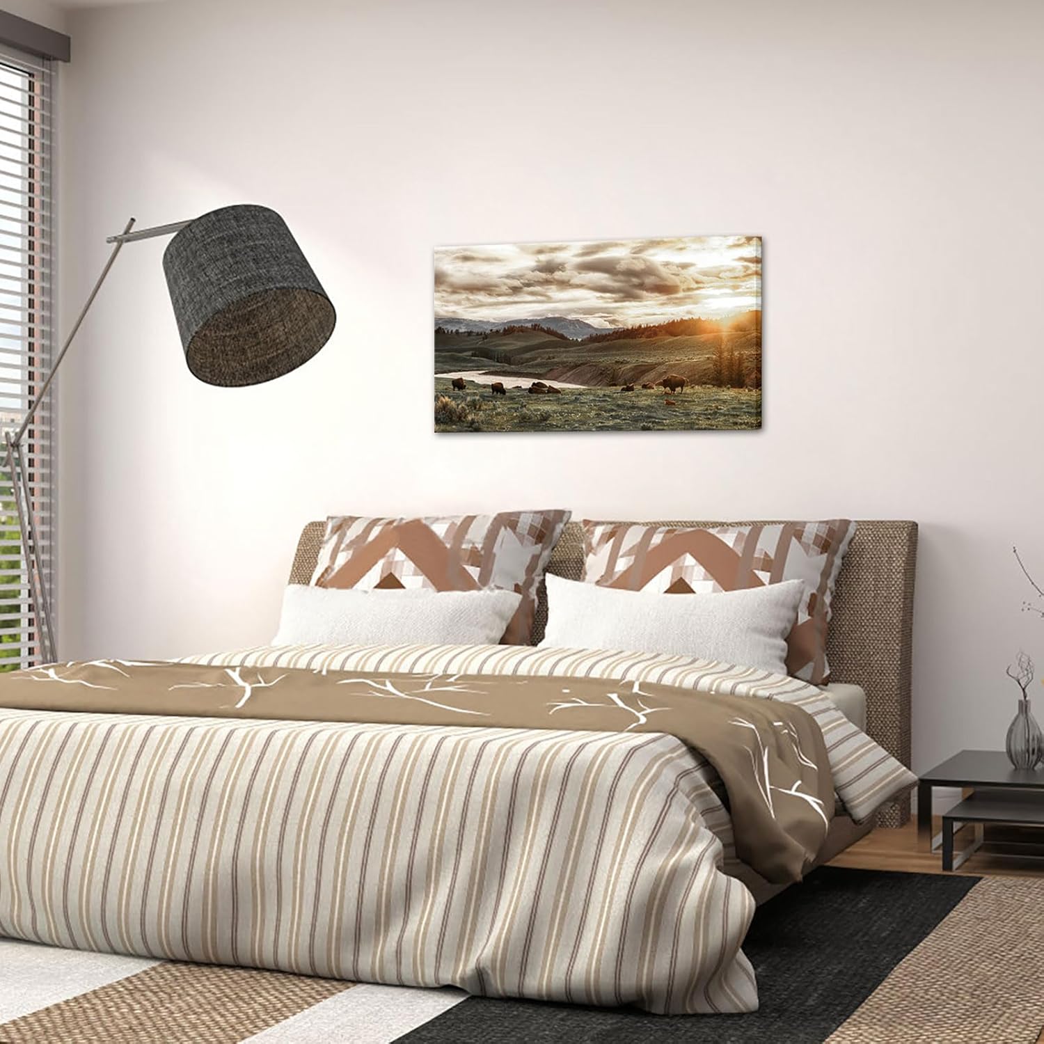 RnnJoile Buffalo Canvas Wall Art Large Herd of Bison Picture Painting Yellowstone National Park Sunset Artworks for Wall Decor 20"x36"