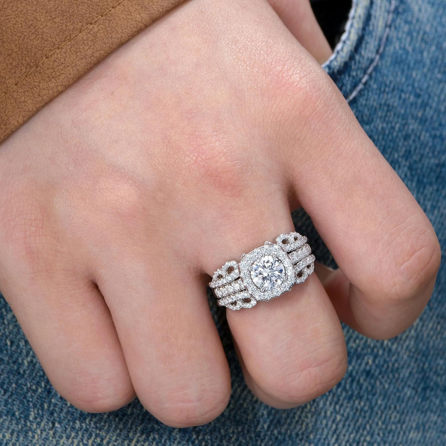 925 Sterling Silver 1 Ct Wedding Rings Set for Women Round Cut Ring Enhancer for Engagement Rings Halo Bridal Ring Set for Her Cubic Zirconia Size 5-10 - Image 4