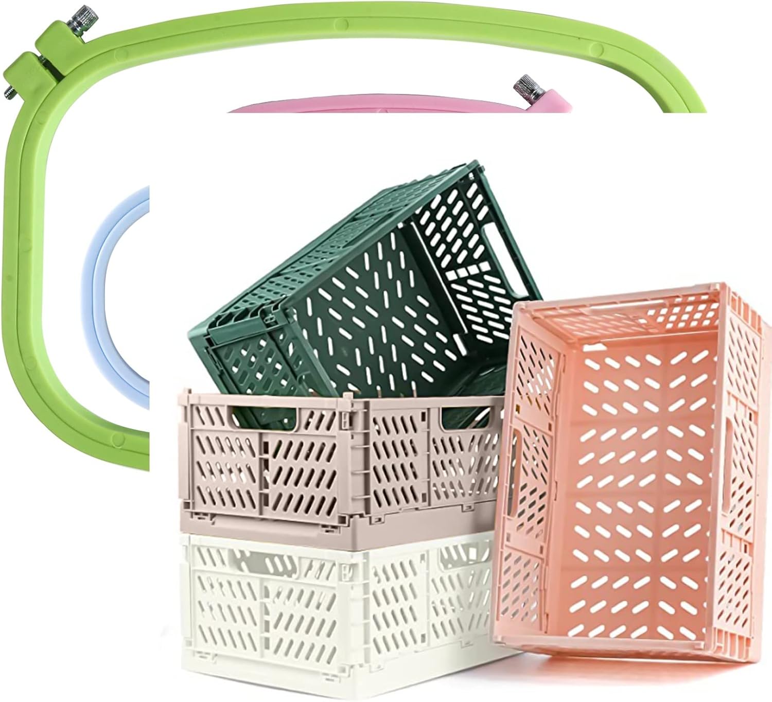Set di 4 misure, telaio da ricamo in plastica, colorato, rotondo, in plastica, cerchio, punto croce, con 16 aghi da cucito con 1 guida per fili, 1 rimozione filo