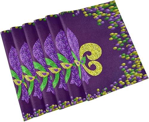 Miniatura 7 de Nesatuewa - Juego de 6 manteles individuales de Mardi Gras, antideslizantes, fáciles de limpiar, lavables, resistentes al calor, para decoración de