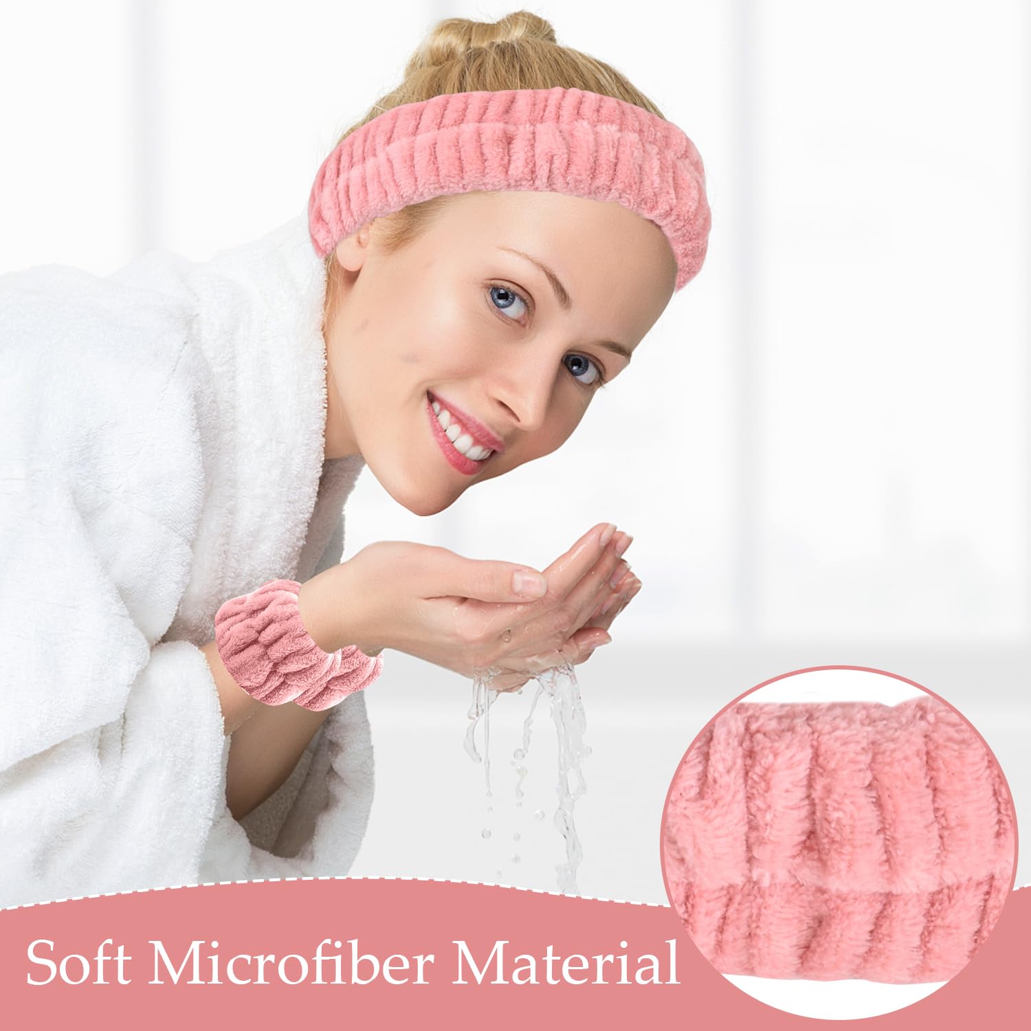 Fascia E Polsini Skincare 3 Pezzi | Velluto Corallino, Design Orsetto Fragola, Assorbenti Per Lavaggio Viso E Doccia, Regalo Ragazza