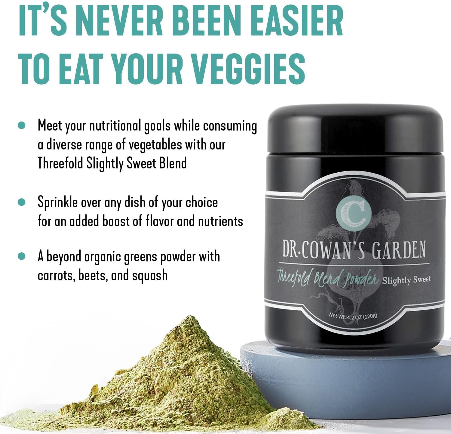 Dr. Cowan’s Garden Threefold Slightly Sweet Vegetable Powder, Greens Powder with Organic Carrots, Beets, Swiss Chard, Kale, Organic Veggie Supplement, No Preservatives, Non GMO, USA Grown, 50 Servings