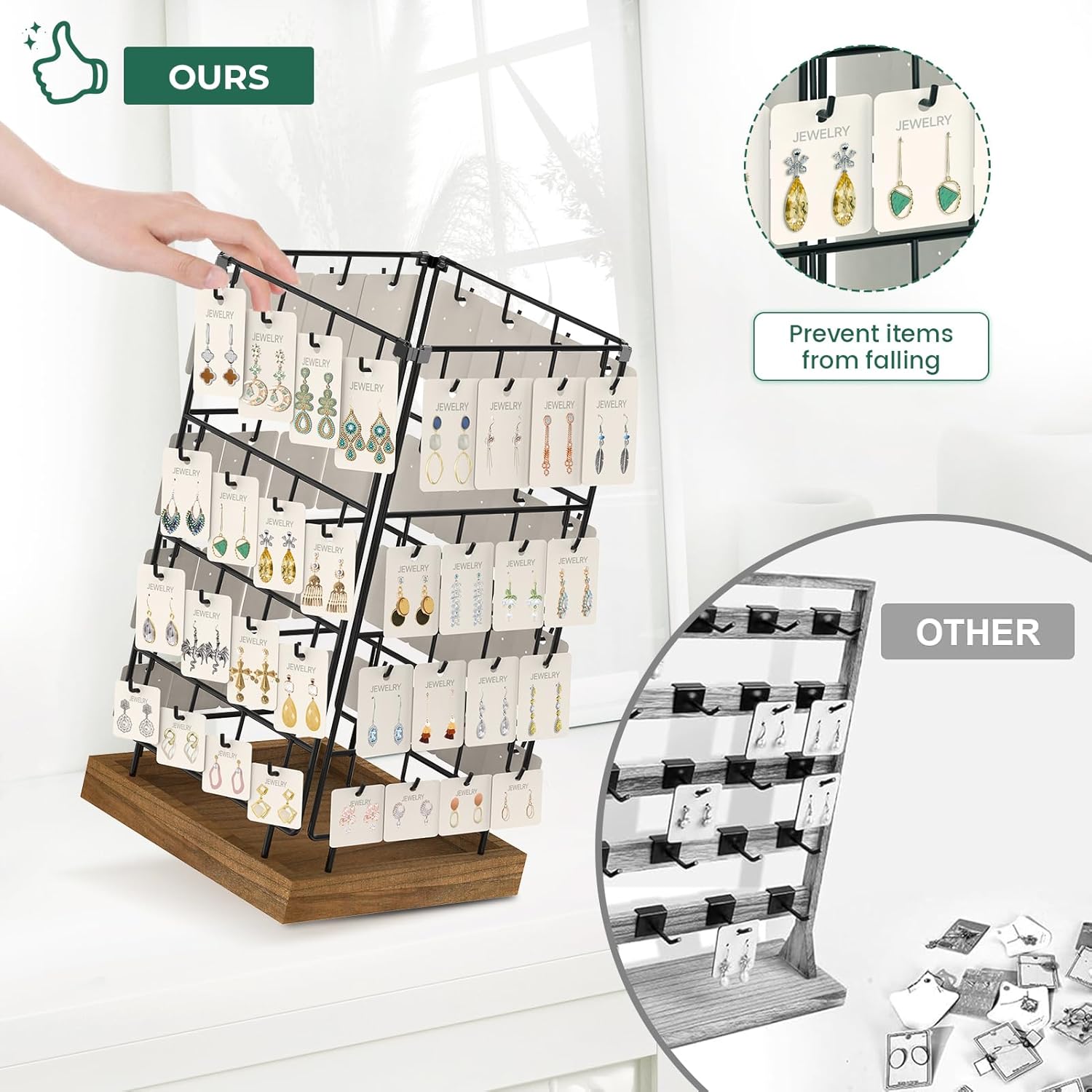 EsLuker.ly Rotating Earring Display Holder Stand for Vendors Events Selling, Large Capacity 64 Hooks Jewelry Rack with Wooden Base for Earring Card Sales, Enhances Retail Display Visibility