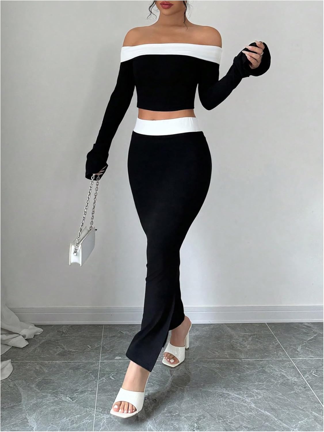 WDIRARA Women's 2 Piece Split Fishtail Skirt Set Monochrome Off Shoulder Top Outfit - Image 3