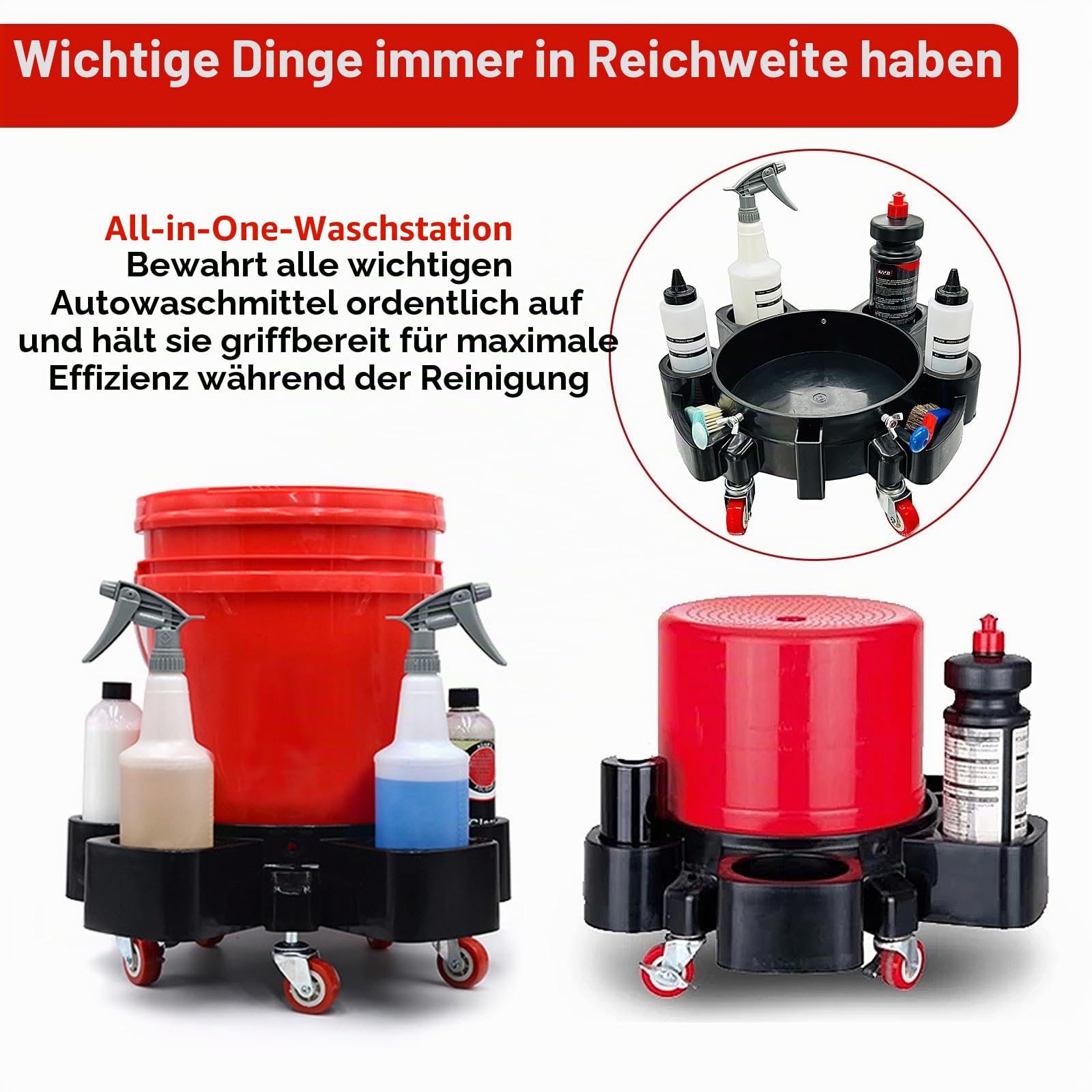 Bucket Dolly Eimerwagen für Auto Handwäsche + Schmutzsieb + Waschhandschuh, 360° Schwenkrollen mit Bremse, Rollwagen Autowäsche Zubehör Autowaschset für Motorradwäsche Autodetailing, Rot