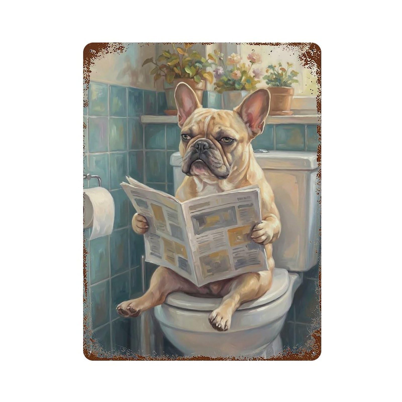 Distressed Metal Wall Sign with Bulldog Reading Newspaper on Toilet Design 15.7"x11.8", for Shed, Workshop And Garage Wall Decor, Decorative Metal Wall Art