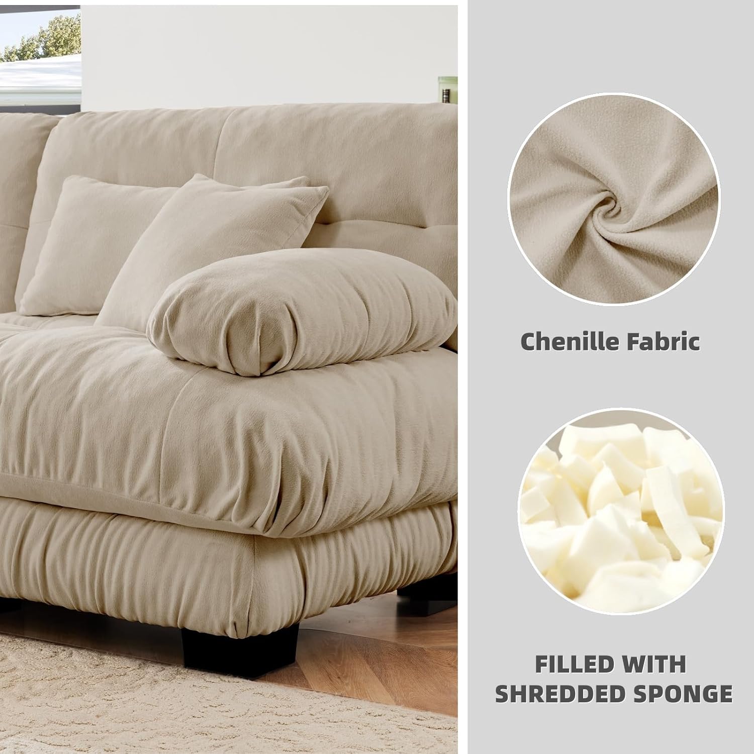 133.8" L-Shaped Cloud Couch, Oversized Modular Sectional Sofa, Deep Seat Cloud Boneless Couch, 3-Seat Modular Sectional Sofa with Ottoman or Living Room,Bedroom and Apartment, Light Coffee