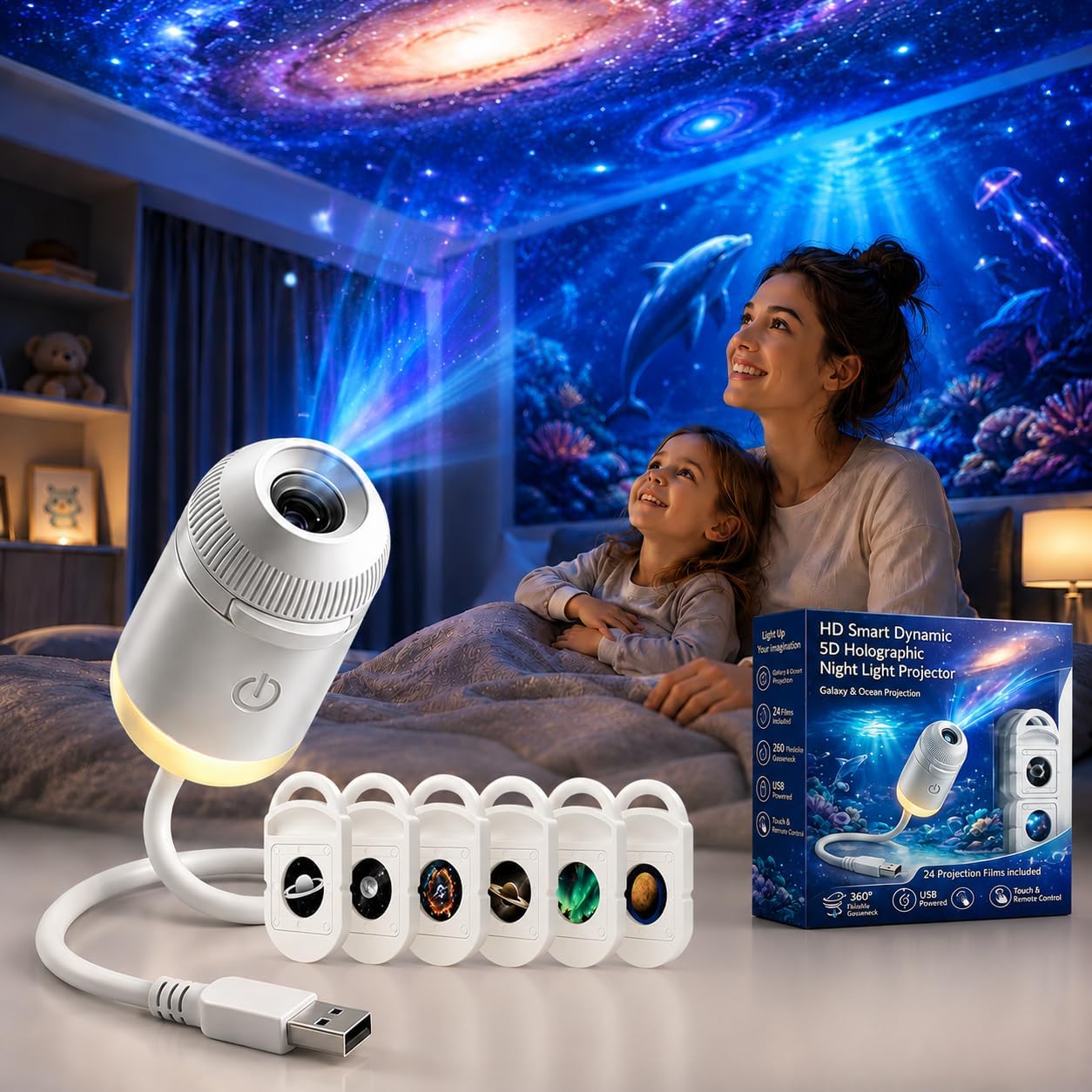 HD Smart Dynamic 5D Holographic Night Light Projector, 2-in-1 Galaxy Star and Ocean Projector with 24 Films, 360° Rotating USB Powered Ceiling Light for Bedroom(Starry Sky with 6 Films)