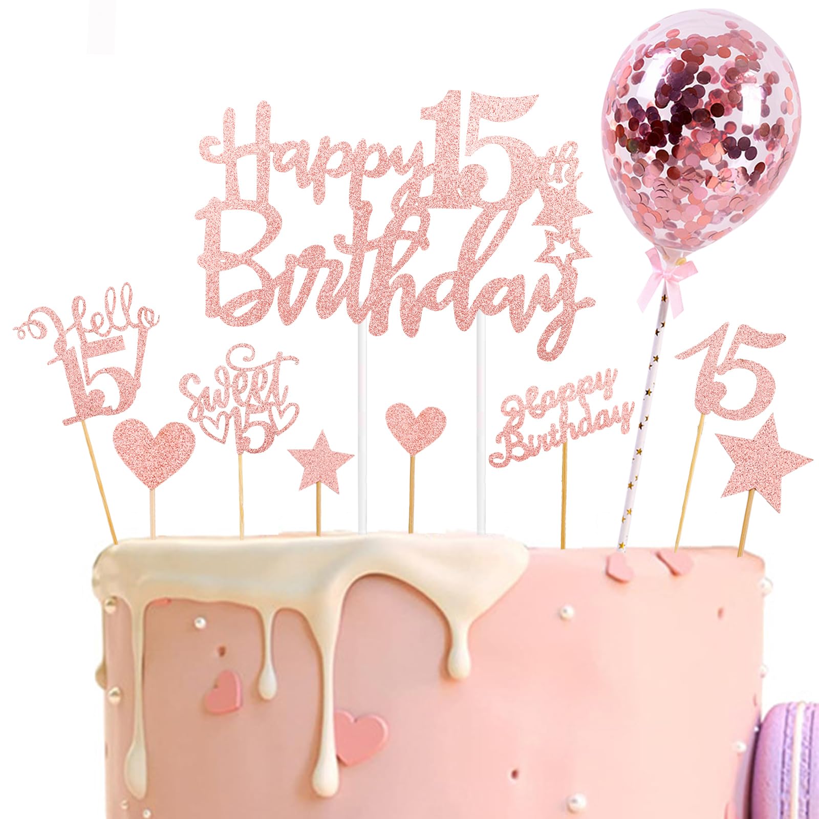 Catelves Tortendeko 15 Geburtstag Junge Mädchen,9 Stk Glitzer Kuchen Deko 15. Geburtstag Junge,Happy 15th Birthday Cake Topper 15 Geburtstagdeko,Sweet 15 Torten Deko 15 Jahre Mädchen Roségold