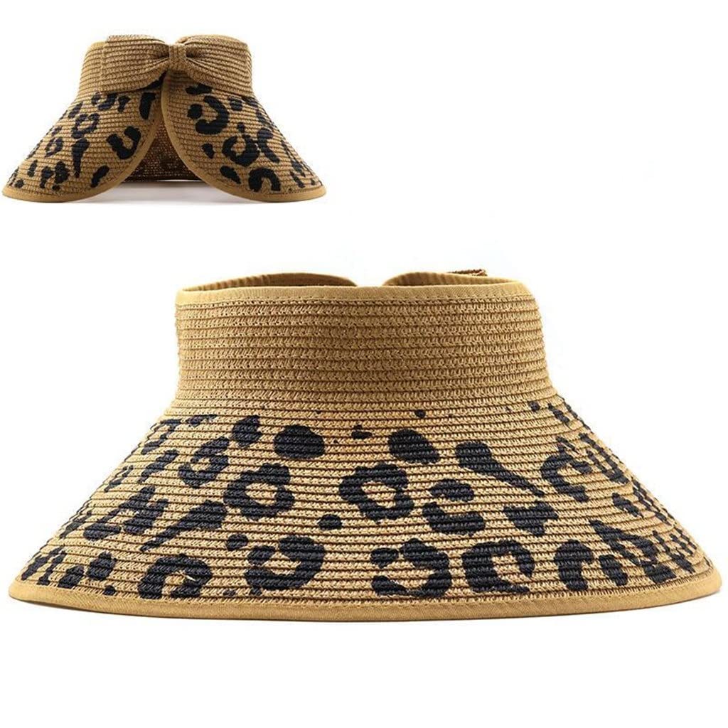 Cappello da donna con visiera leopardata estiva Cappello da sole pieghevole Cappello da spiaggia a tesa larga per ragazza Cappello di paglia Cappello di protezione da spiaggia (Color : C, Size : 55-5
