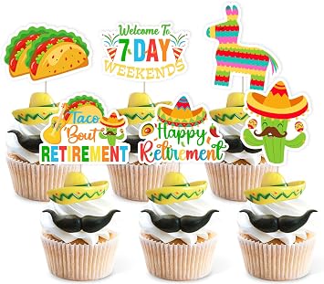 36Pcs Taco Bout Retirement Cupcake Toppers, Mexican Fiesta Happy Retirement Party Decorations, New Adventure Begins Welcome To 7 Day Weekends Cake Decorations Supplies
