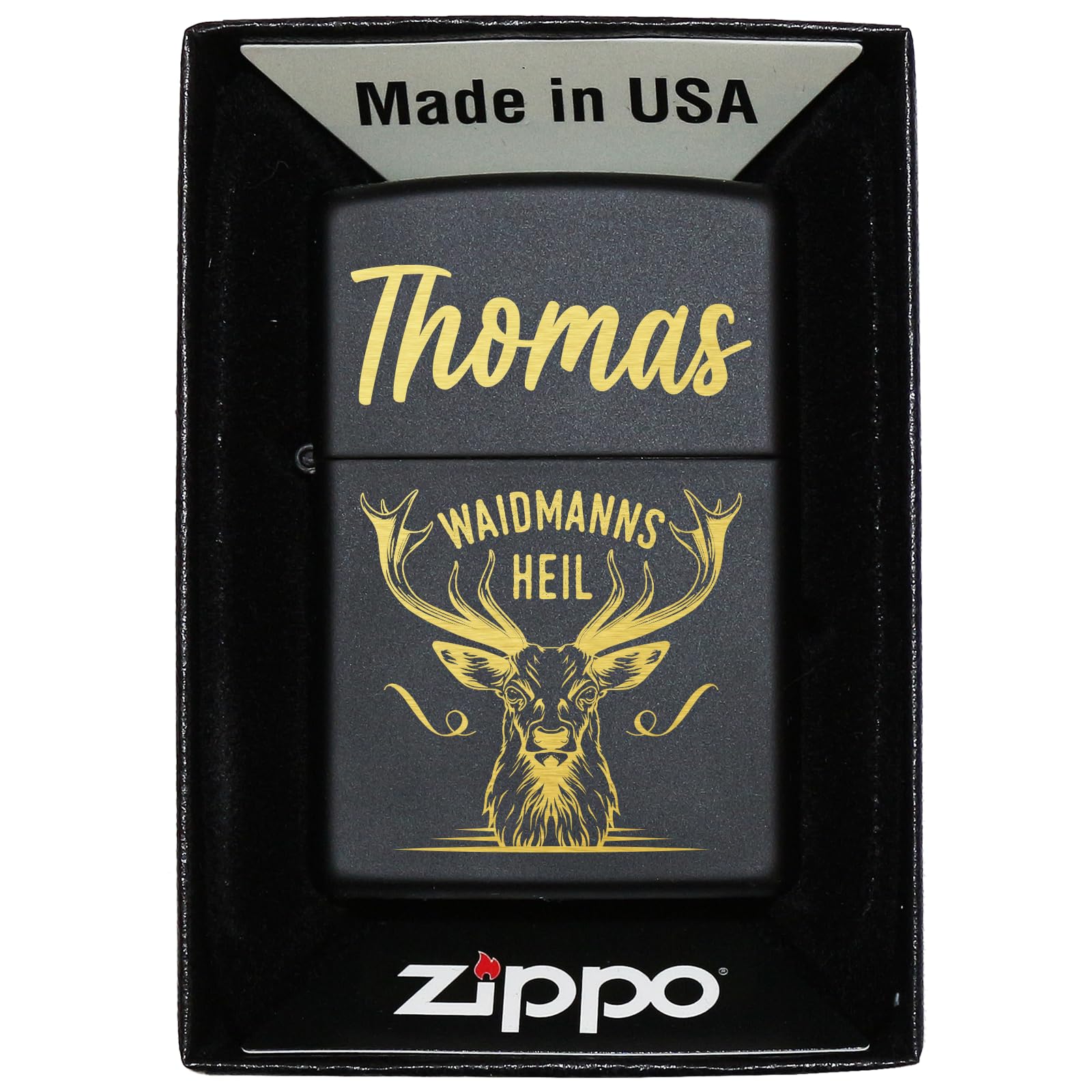 Waidmannsheil Hirsch Zippo Feuerzeug mit Gravur personalisiert | Geschenkidee Jäger Geschenke Männer