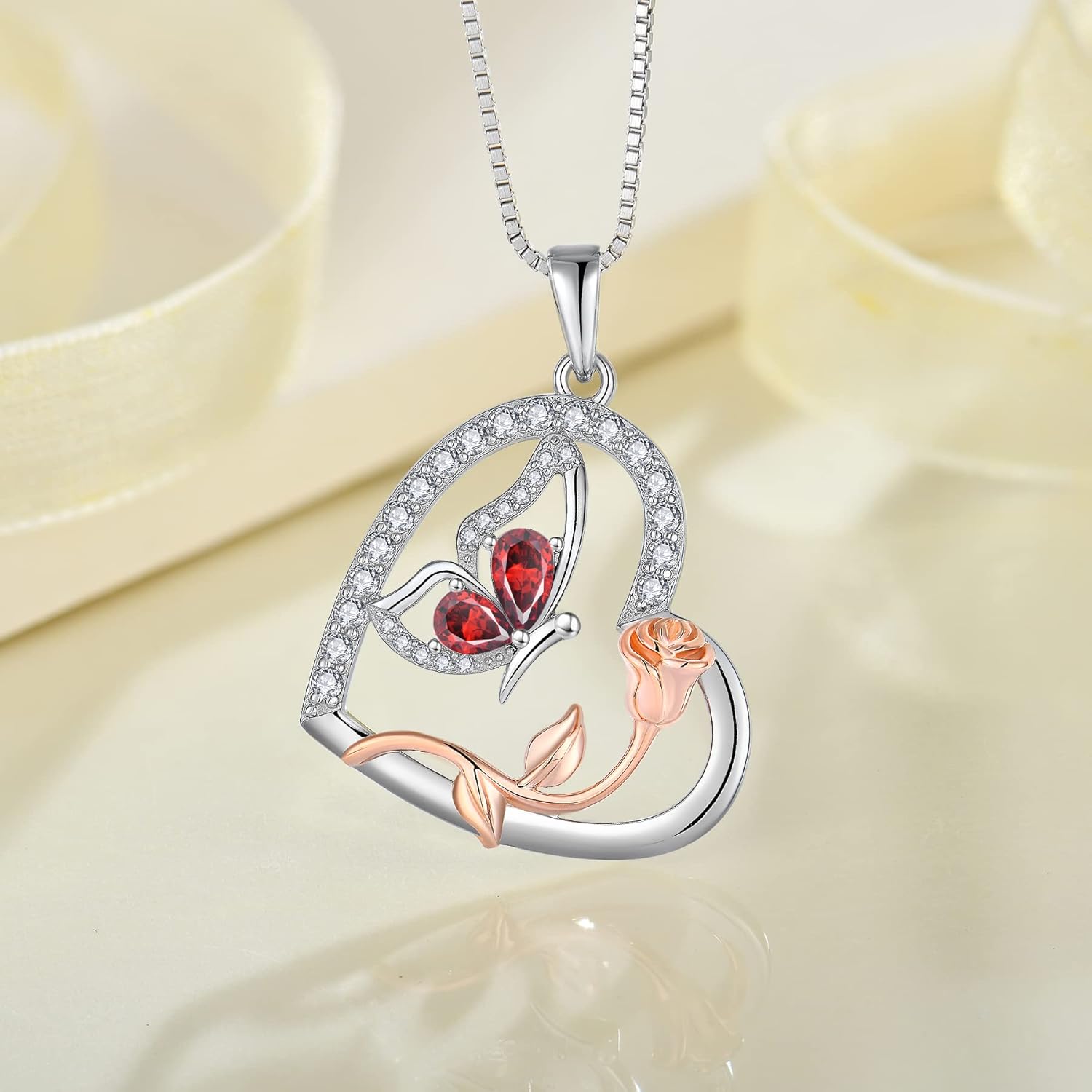 Love Heart Butterfly Necklace for Women 925 Sterling Silver Birthstone Pendant Rose Flower Dainty Jewelry Gifts for Women Wife Girlfriend Mother Daughter Her - Image 4