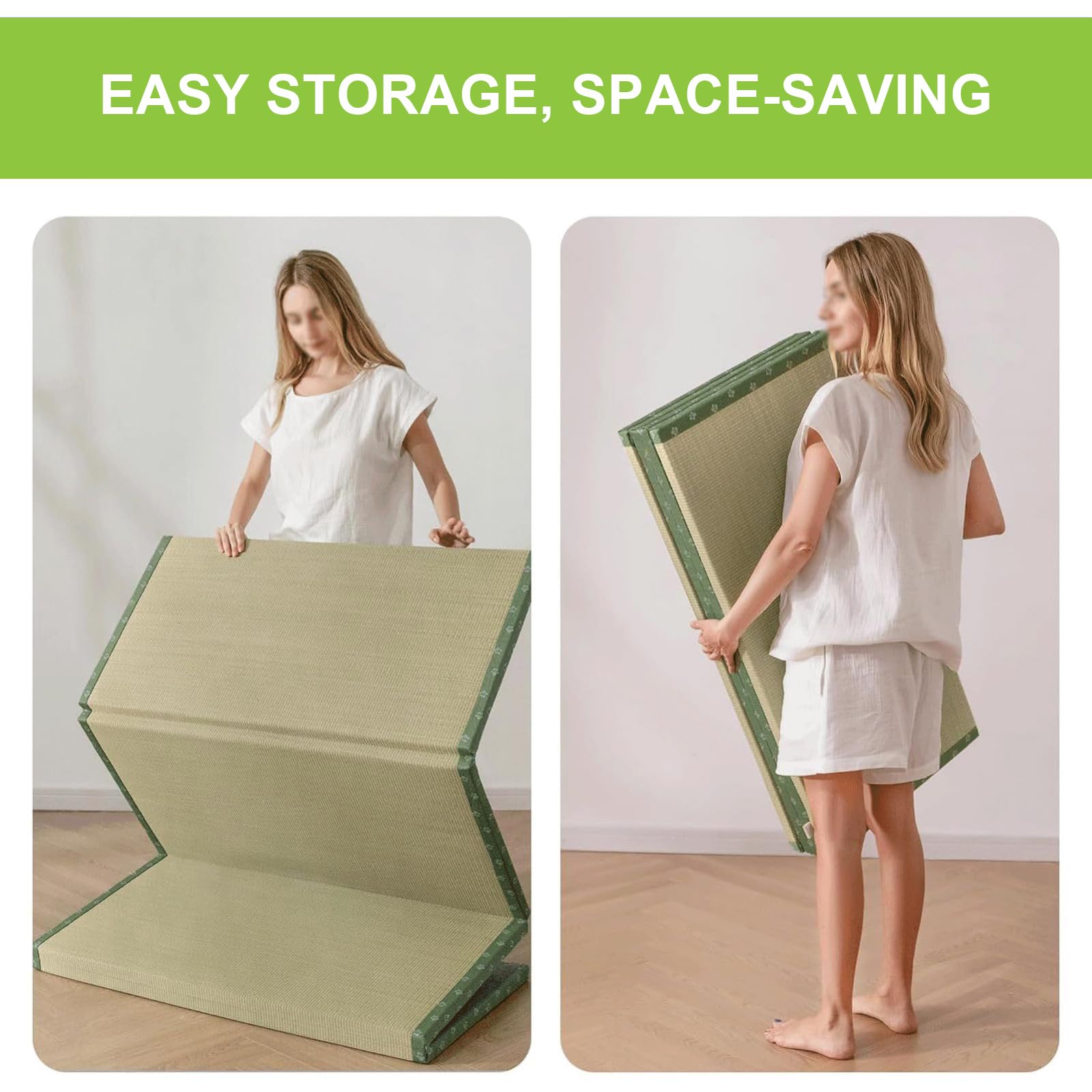 Materasso Tatami Tradizionale Giapponese con Erba Corsa Verde Naturale, Tappeto a Pavimento Portatile a 4 Volte, Tessuto Comodo e Traspirante per Letto/Meditazione/Yoga(Size:100x200x3.5cm)