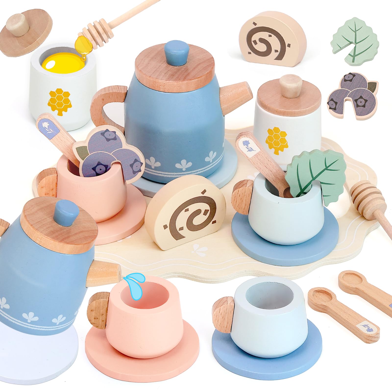 Masonbaby Wooden Tea Set for Little Girls, Play Food Sets for Kids Pretend Play Kitchen Accessories, Princess Toys Tea Party Set, Role Play Educational Toy for Girls Boys - Blue — image 1