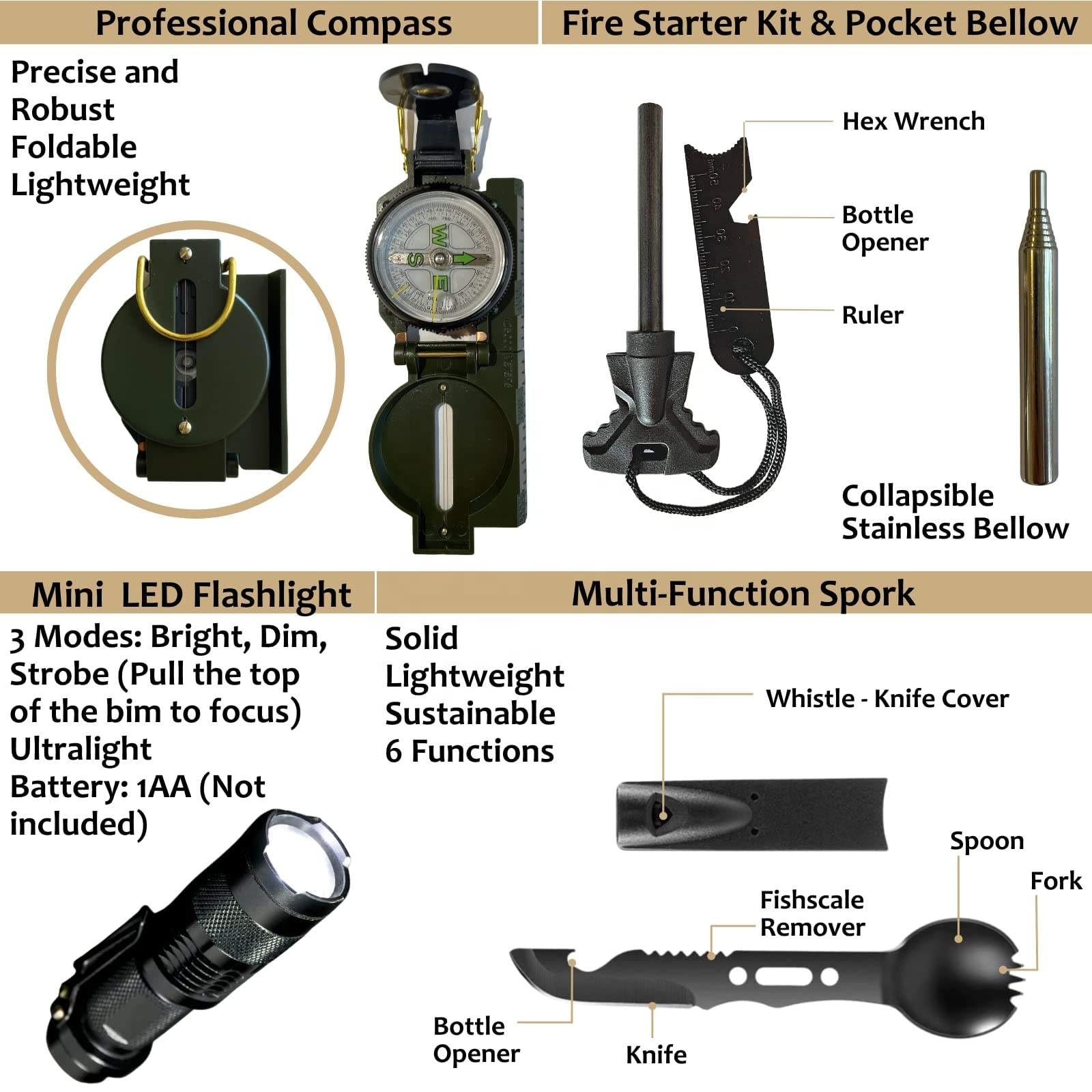 Survival Pro Outdoor Notfallausrüstung Set, Taktischer Rucksack mit Erste-Hilfe-Kit, Paracord, Angelset, Multitool-Karte, Faltbare Schaufel, Khaki, 262-teilig