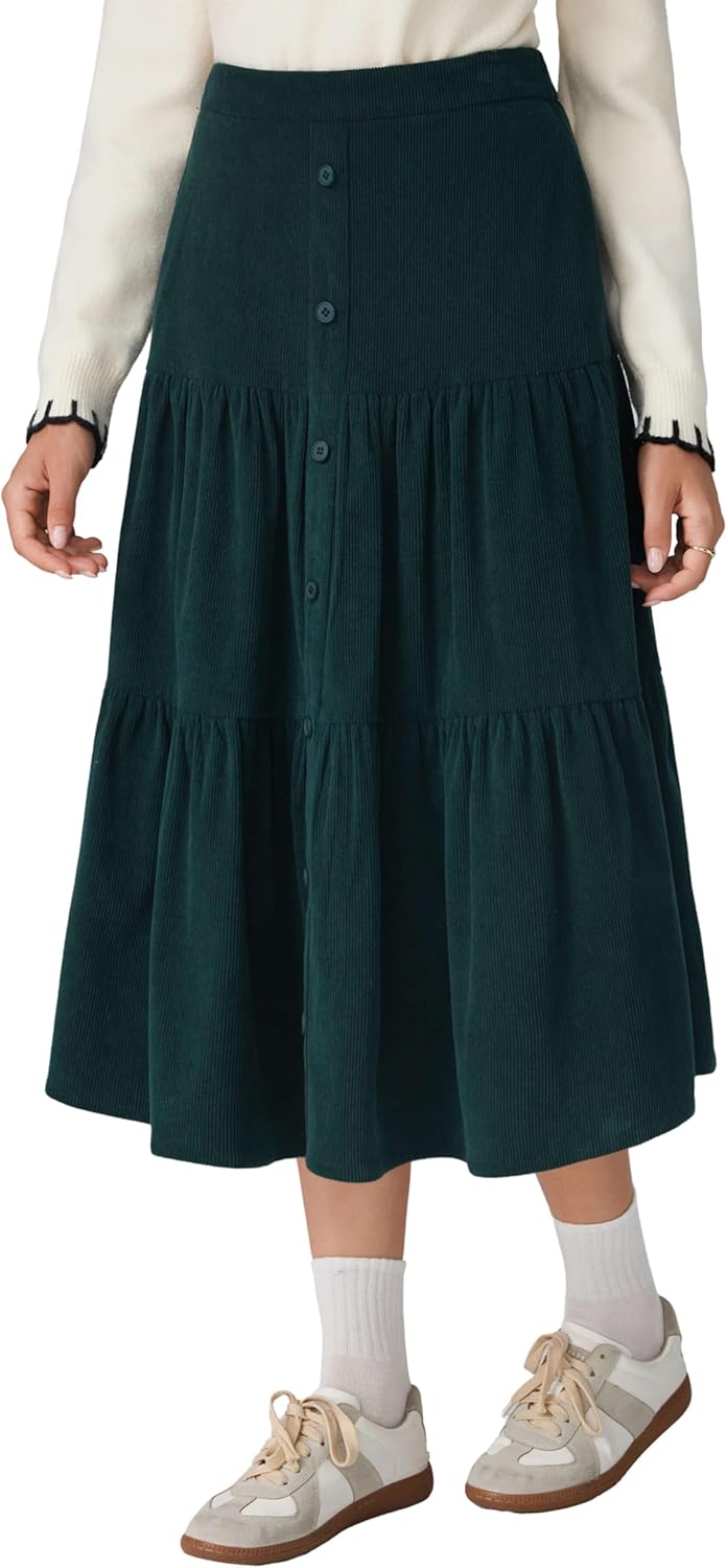CIDER Women's Corduroy Tiered Skirt Button Front A Line Midi Skirt - Image 4