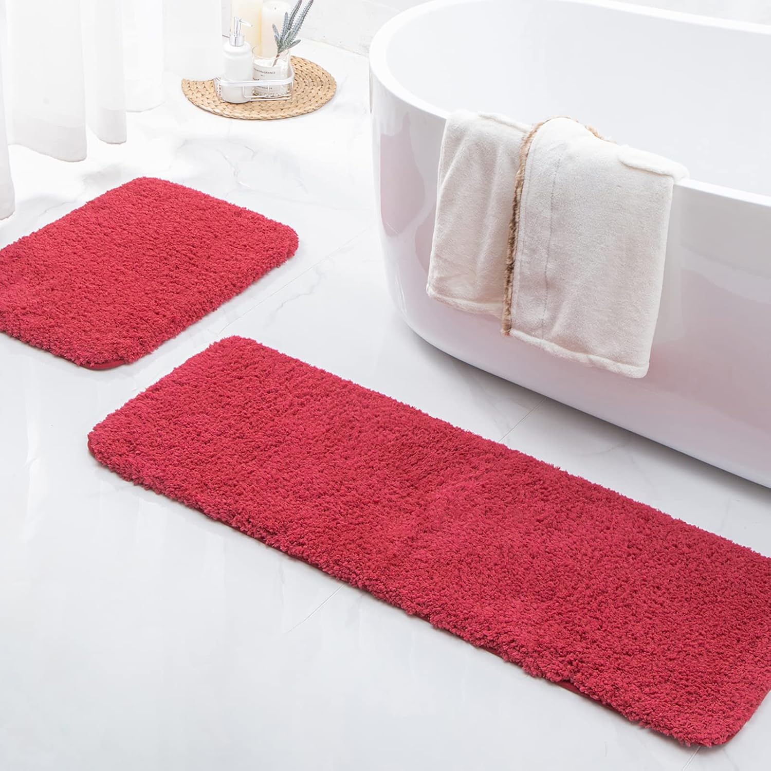 Ashler Bathroom Rugs Set of 2, Red Bath Rugs 2 Piece, Water Absorbing Bath Mat, Soft Microfiber Rectangle Bathroom Carpet, Machine Washable - 17x24 & 17x47 Inches