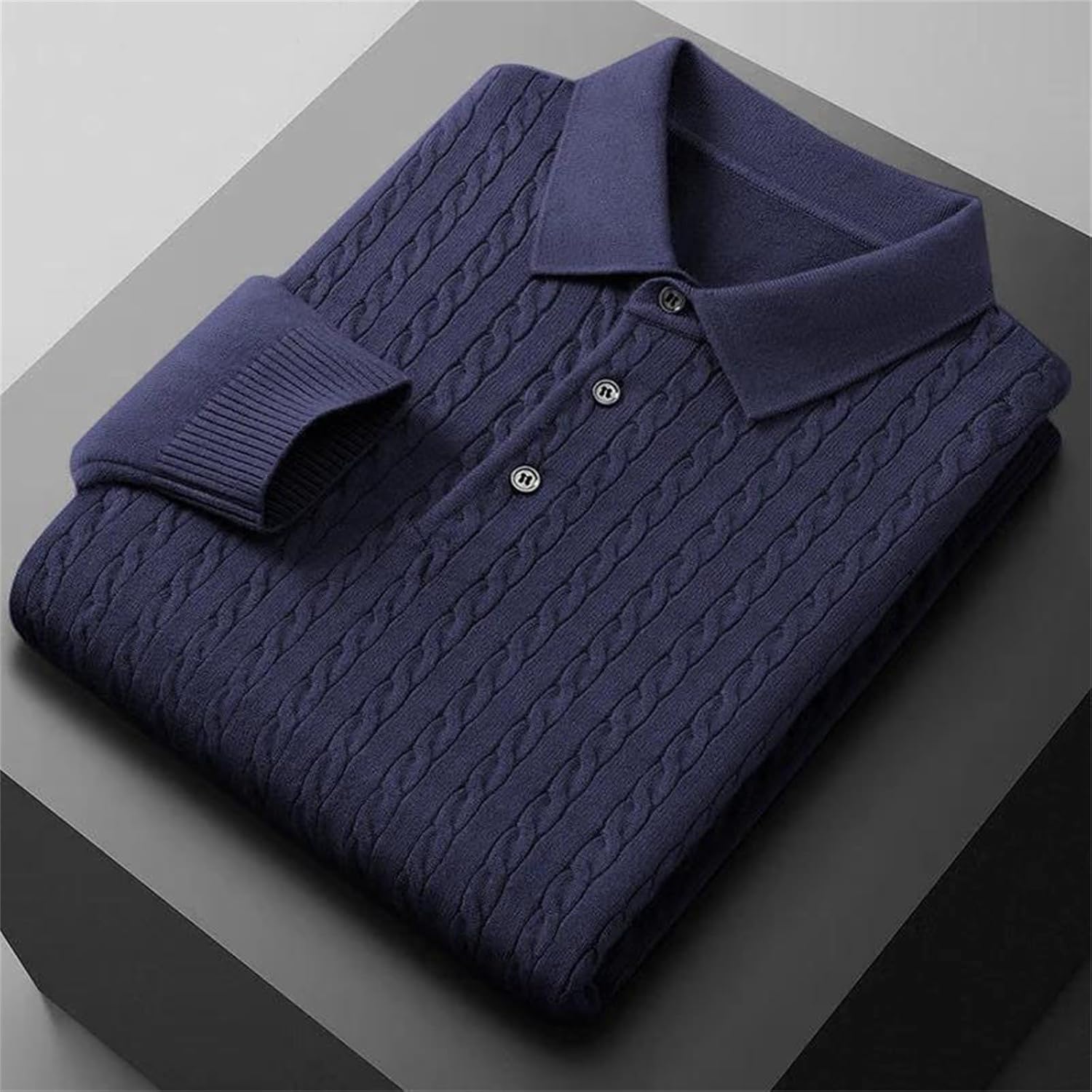 Men's Knitted Pullover Polo Sweaters Long Sleeve Slim Fit Turndown Collar Warm Heavyweight Outerwear Top with Button Placket