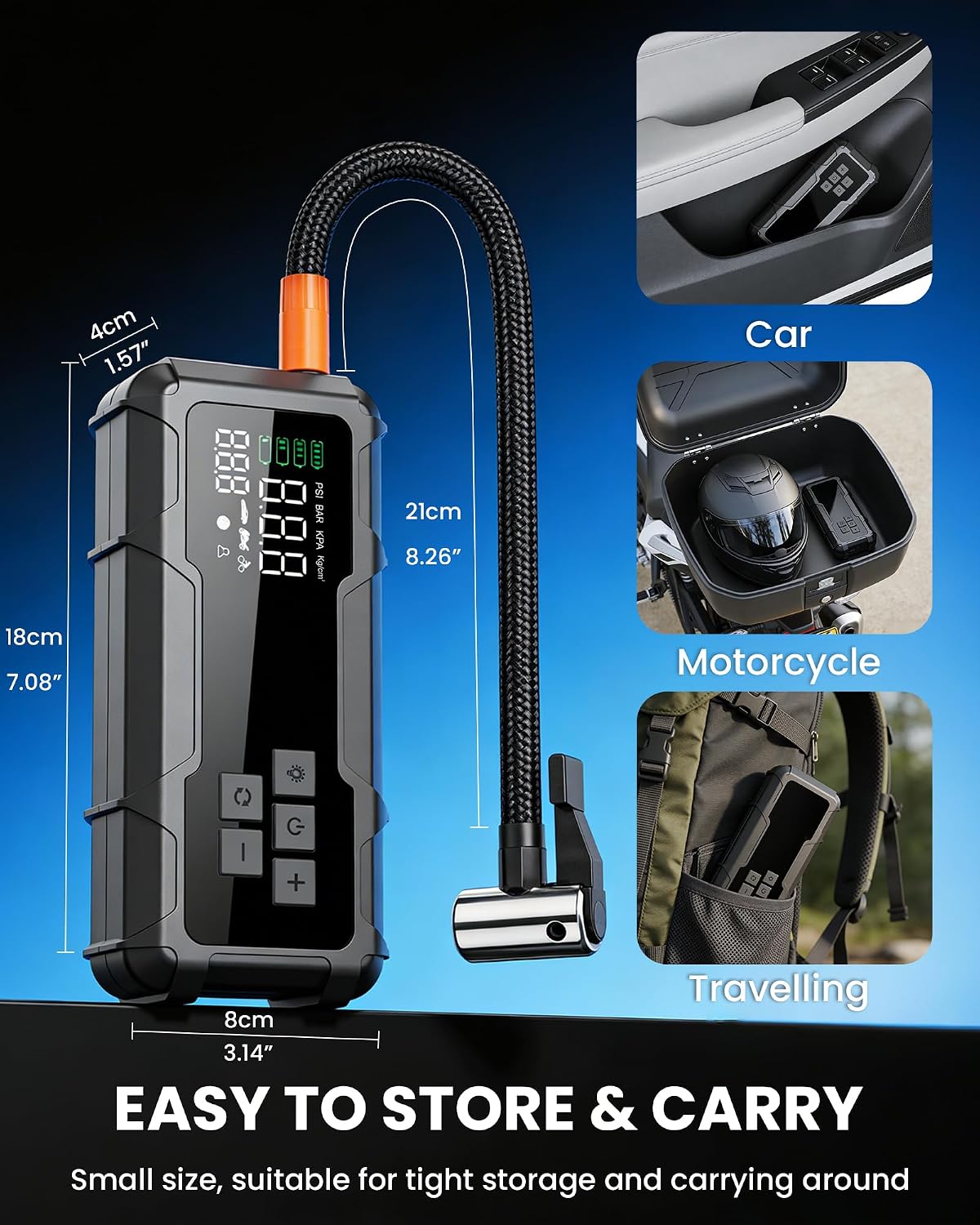 150 PSI 8000A Tire Inflator Portable Air Compressor, Jump Starter with Air Pump with Digital Gauge & LED Light, 12V Car Battery Jump Box with Power Bank for Car, Motorcycle, Bicycle, Ball
