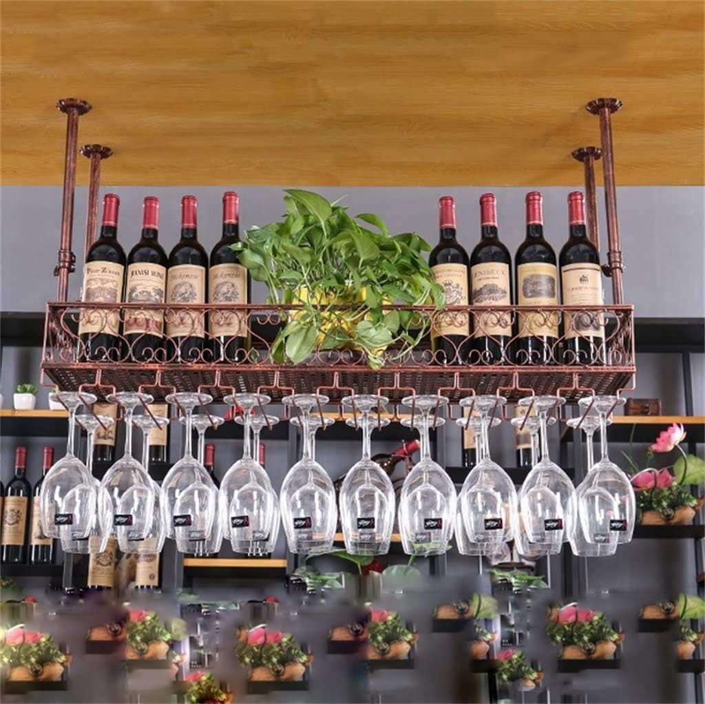 Wall Mounted Wine Rack with Floating Shelves Metal Iron Wine Bottle Holder and Glass Rack for Goblet Stemware Bronze 24×10inch