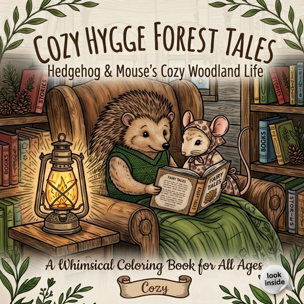 Cozy Hygge Forest Tales: A Whimsical Coloring Book: Relaxing Woodland Scenes with Hedgehog & Mouse, Intricate Nature Patterns, and Cozy Cabin Adventures for Stress Relief