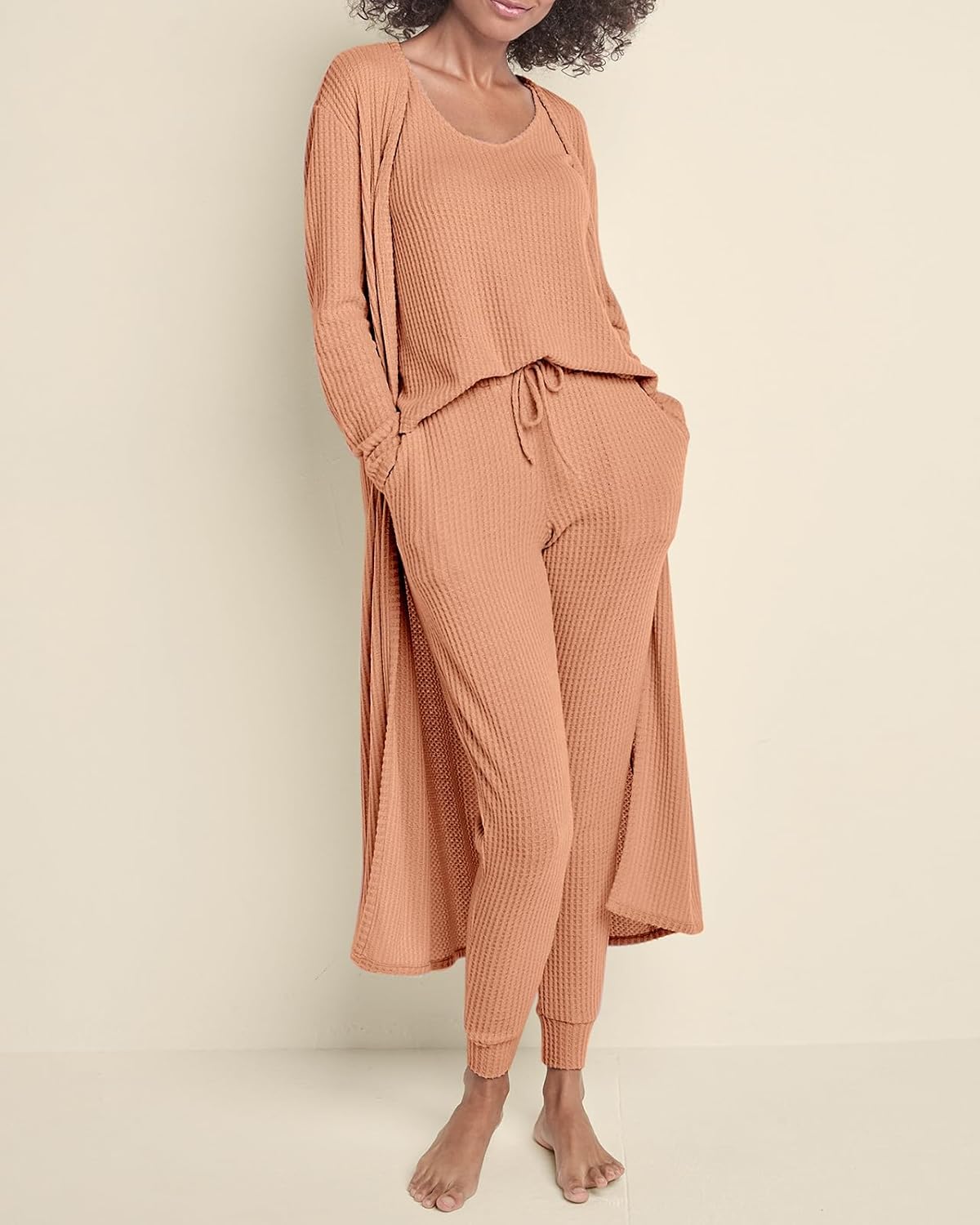 Eurivicy Womens Lounge Set Waffle Knit 3 Piece Pajama Sets Tank Tops Loose Pants with Long Cardigan Loungewear 2025 Khaki - Image 2