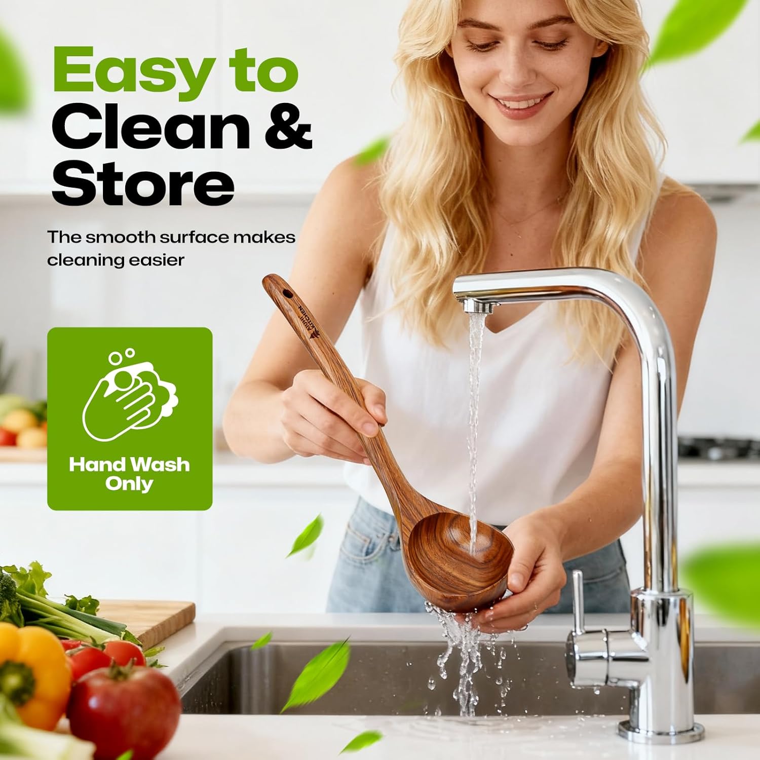 AIUHI 12.6″ Larger Wooden Ladle for Cooking, Long Handle Soup Spoon, Durable & Non-stick Teak Wood Ladle Spoon - Image 7