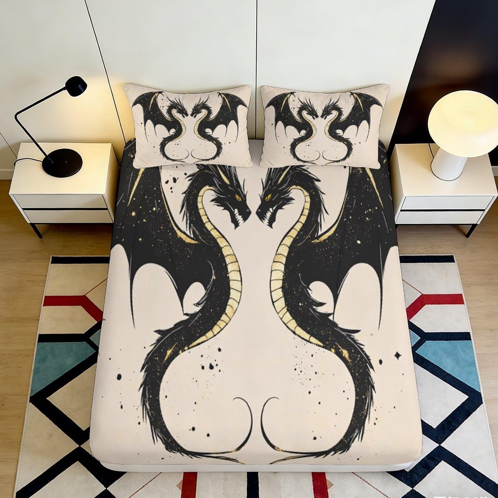 3D Printed Black Dragon Fitted Sheet Microfiber Soft Breathable Twin Mattress Cover with 3D Printed Dragon Design for Bedroom Dormitory Guest Room 90x200x25cm